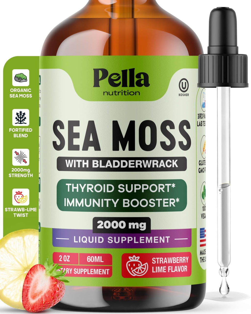 Pella Nutrition Sea Moss Drops with Bladderwrack – 4X Faster Absorption Than Irish Sea Moss Gel Superfood, Gummies, and Capsules – Digestive & Immune Support Supplement (Strawberry Lime, 60mL) - TrustMedUSA