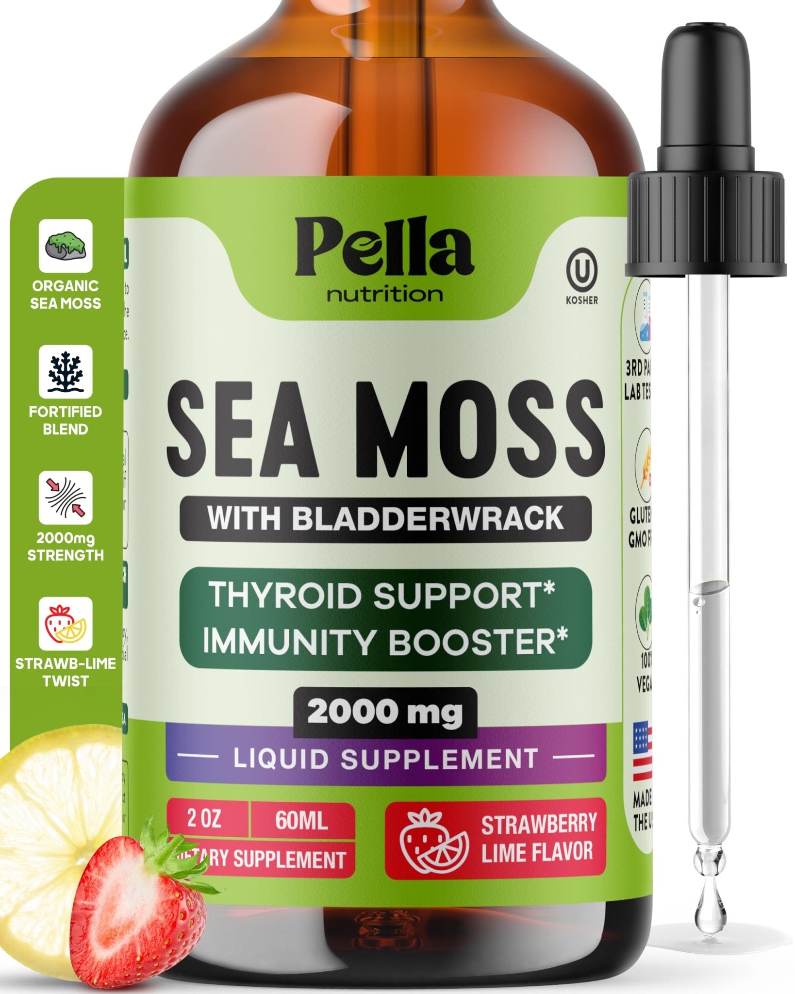 Pella Nutrition Sea Moss Drops with Bladderwrack – 4X Faster Absorption Than Irish Sea Moss Gel Superfood, Gummies, and Capsules – Digestive & Immune Support Supplement (Strawberry Lime, 60mL) - TrustMedUSA