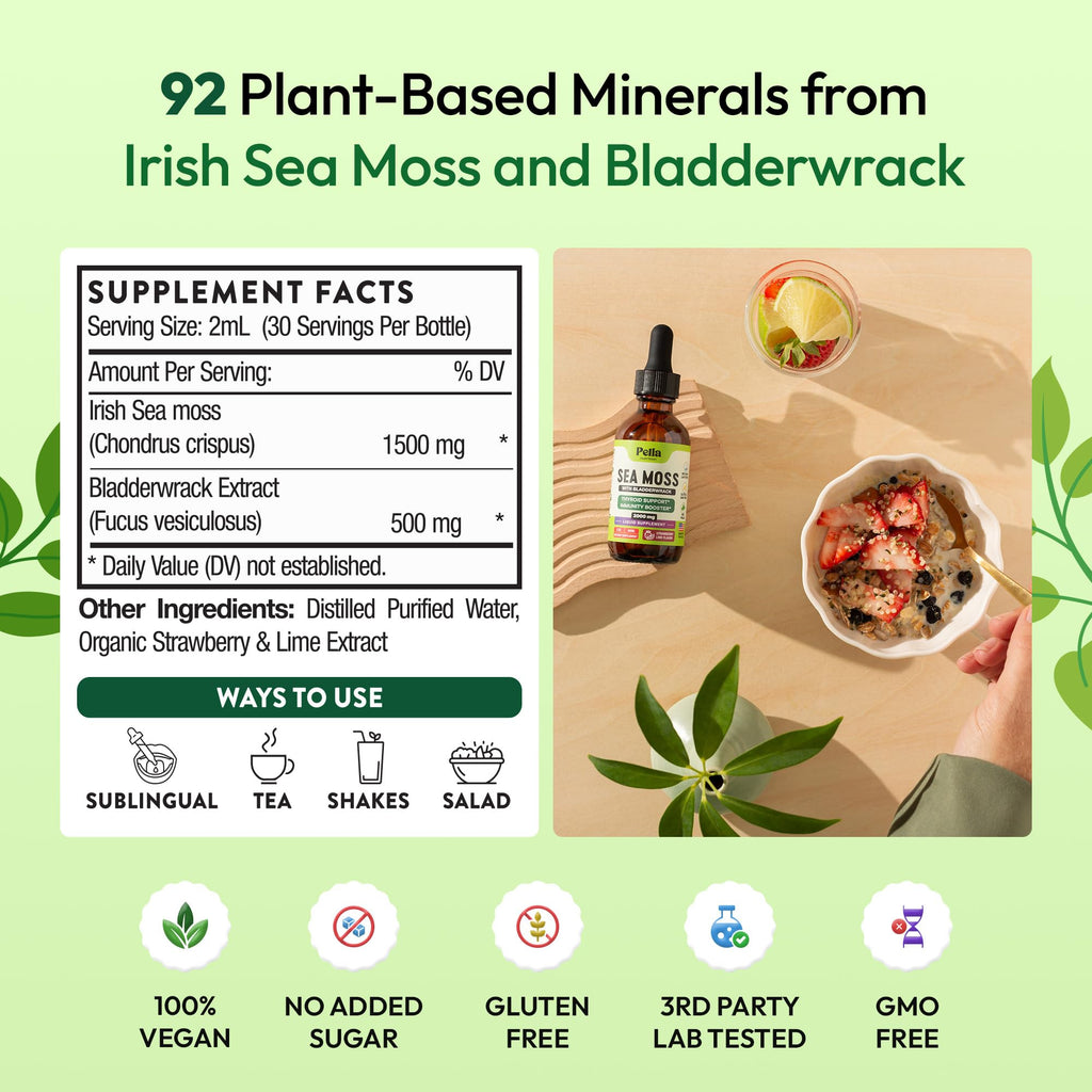 Pella Nutrition Sea Moss Drops with Bladderwrack – 4X Faster Absorption Than Irish Sea Moss Gel Superfood, Gummies, and Capsules – Digestive & Immune Support Supplement (Strawberry Lime, 60mL) - TrustMedUSA