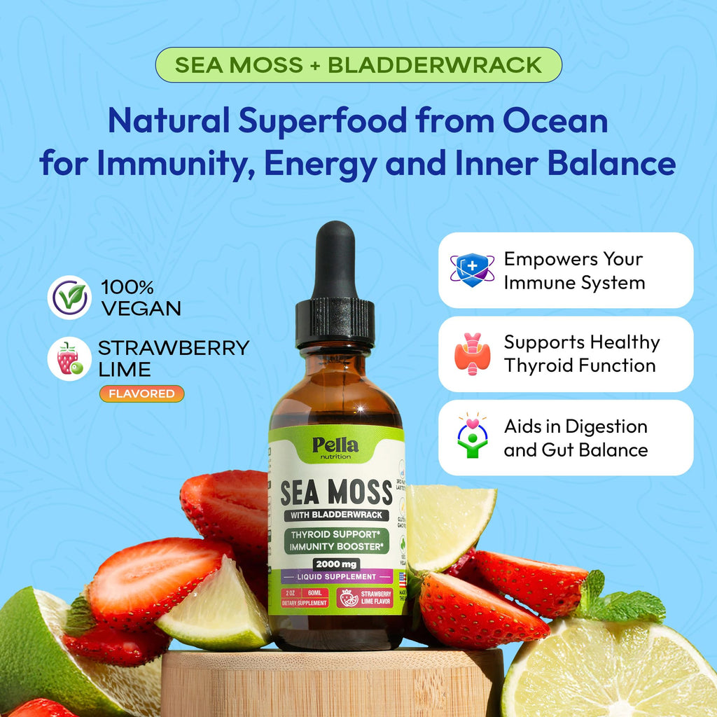 Pella Nutrition Sea Moss Drops with Bladderwrack – 4X Faster Absorption Than Irish Sea Moss Gel Superfood, Gummies, and Capsules – Digestive & Immune Support Supplement (Strawberry Lime, 60mL) - TrustMedUSA
