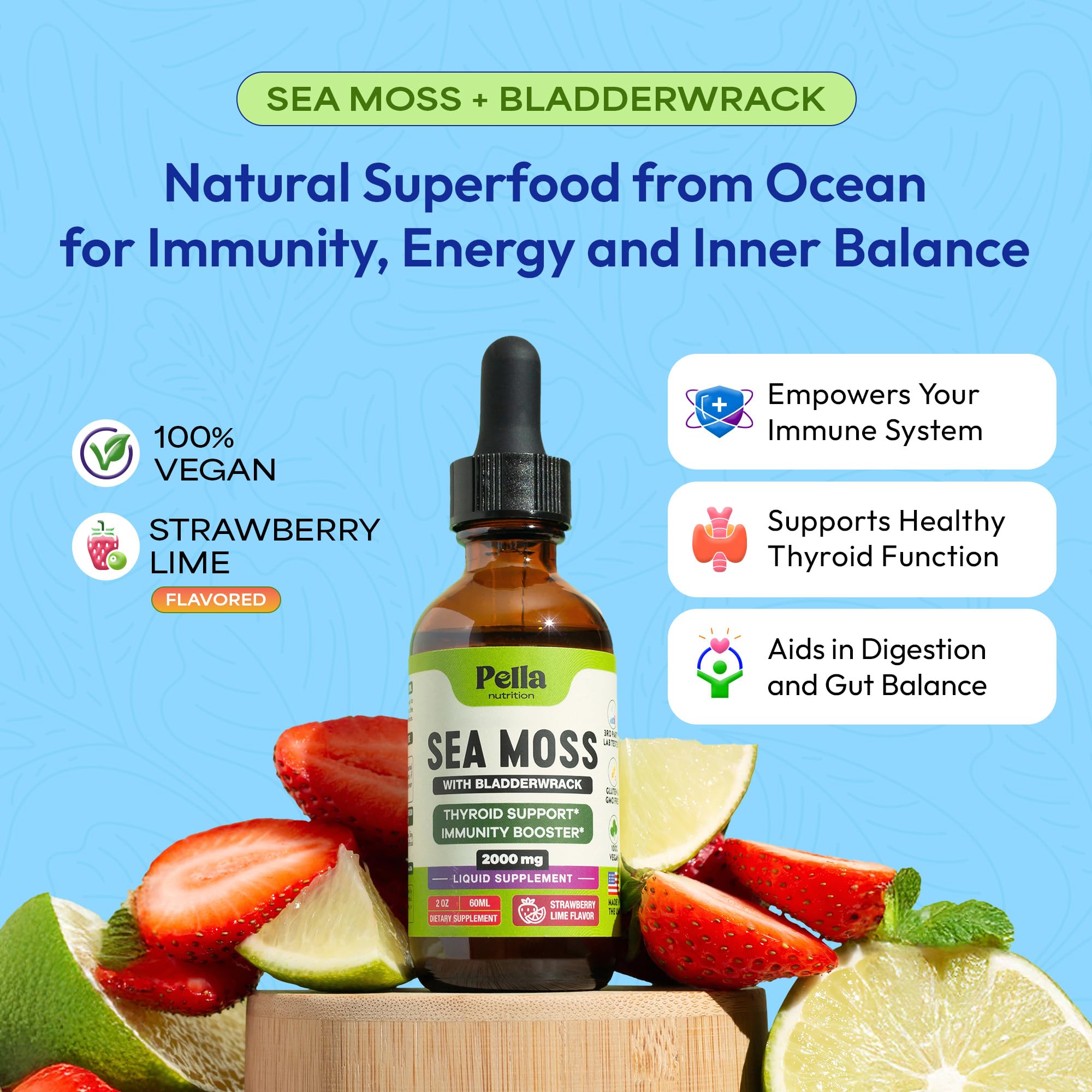 Pella Nutrition Sea Moss Drops with Bladderwrack – 4X Faster Absorption Than Irish Sea Moss Gel Superfood, Gummies, and Capsules – Digestive & Immune Support Supplement (Strawberry Lime, 60mL) - TrustMedUSA
