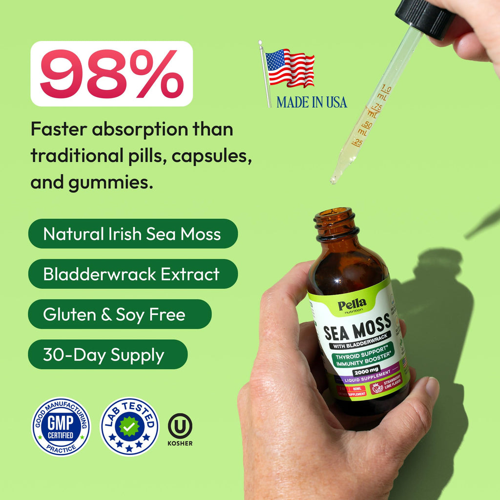 Pella Nutrition Sea Moss Drops with Bladderwrack – 4X Faster Absorption Than Irish Sea Moss Gel Superfood, Gummies, and Capsules – Digestive & Immune Support Supplement (Strawberry Lime, 60mL) - TrustMedUSA