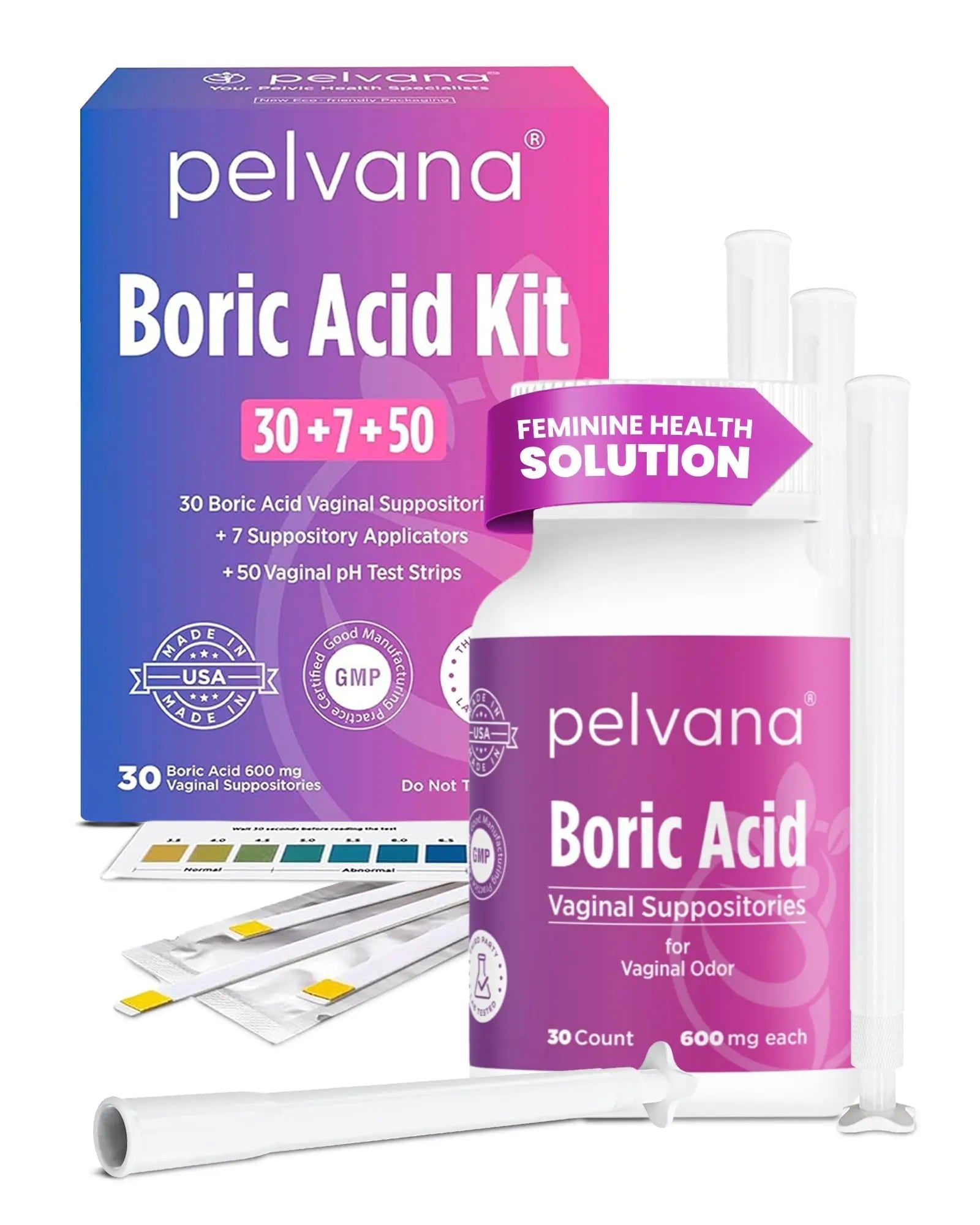 Pelvana Boric Acid Suppositories for Women 30 + 7 Applicators + 50 pH Test Strips, Total of 87 Piece Kit for Vaginal Odor - Third-Party Verified & Bottled in The USA - Feminine Health Odor Solution - TrustMedUSA