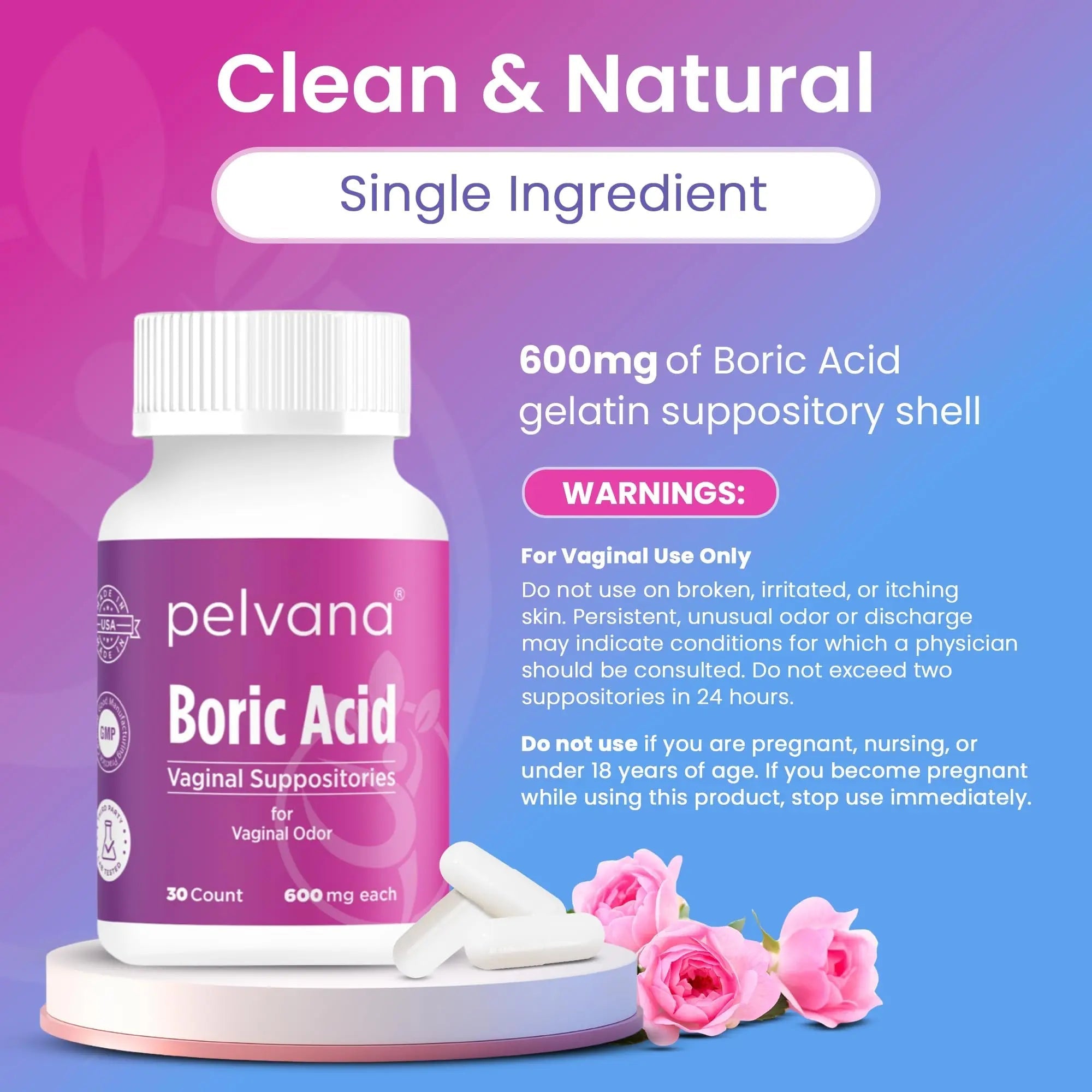 Pelvana Boric Acid Suppositories for Women - 30 Count - 600mg Boric Acid Capsules for Vaginal Odor Use - TrustMedUSA