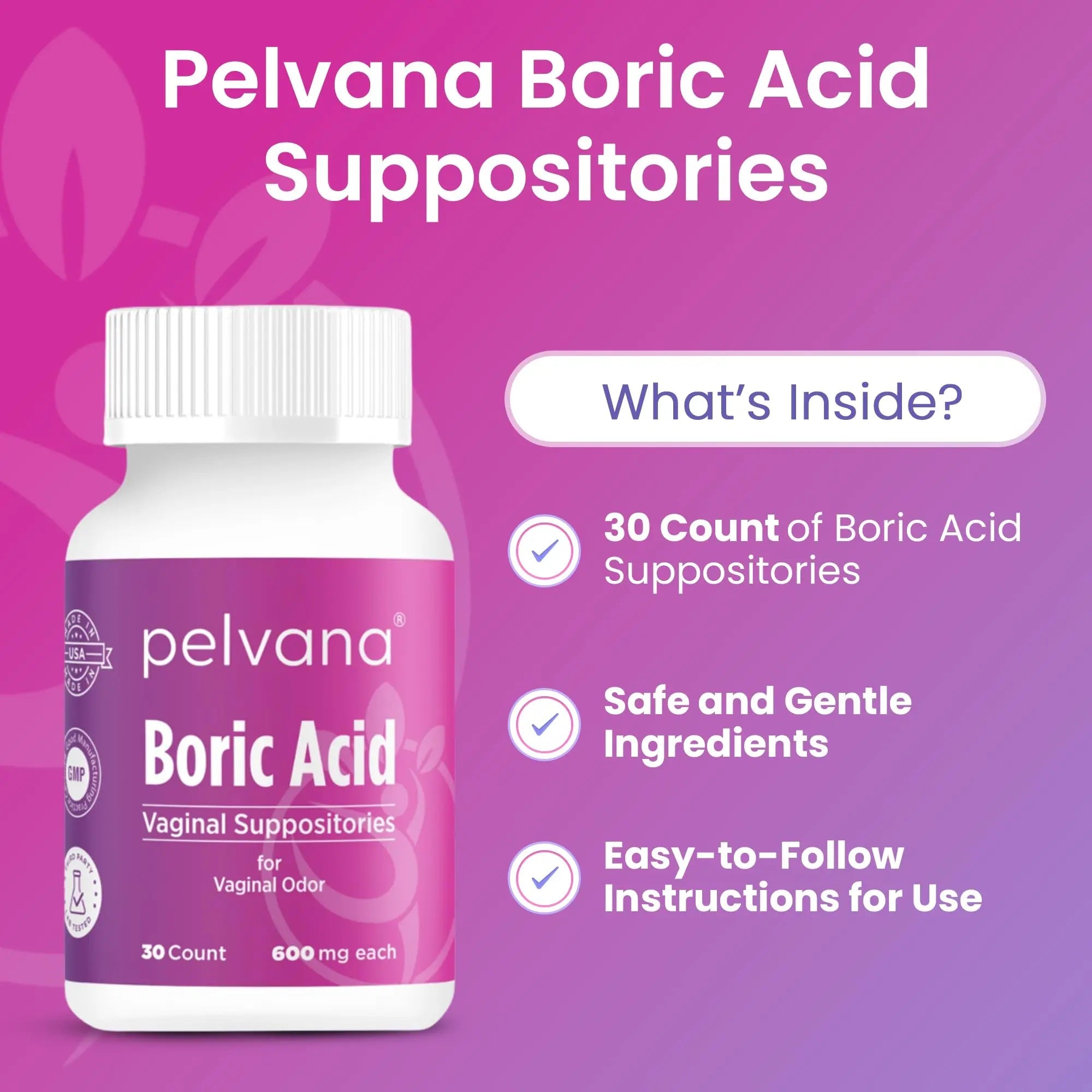 Pelvana Boric Acid Suppositories for Women - 30 Count - 600mg Boric Acid Capsules for Vaginal Odor Use - TrustMedUSA