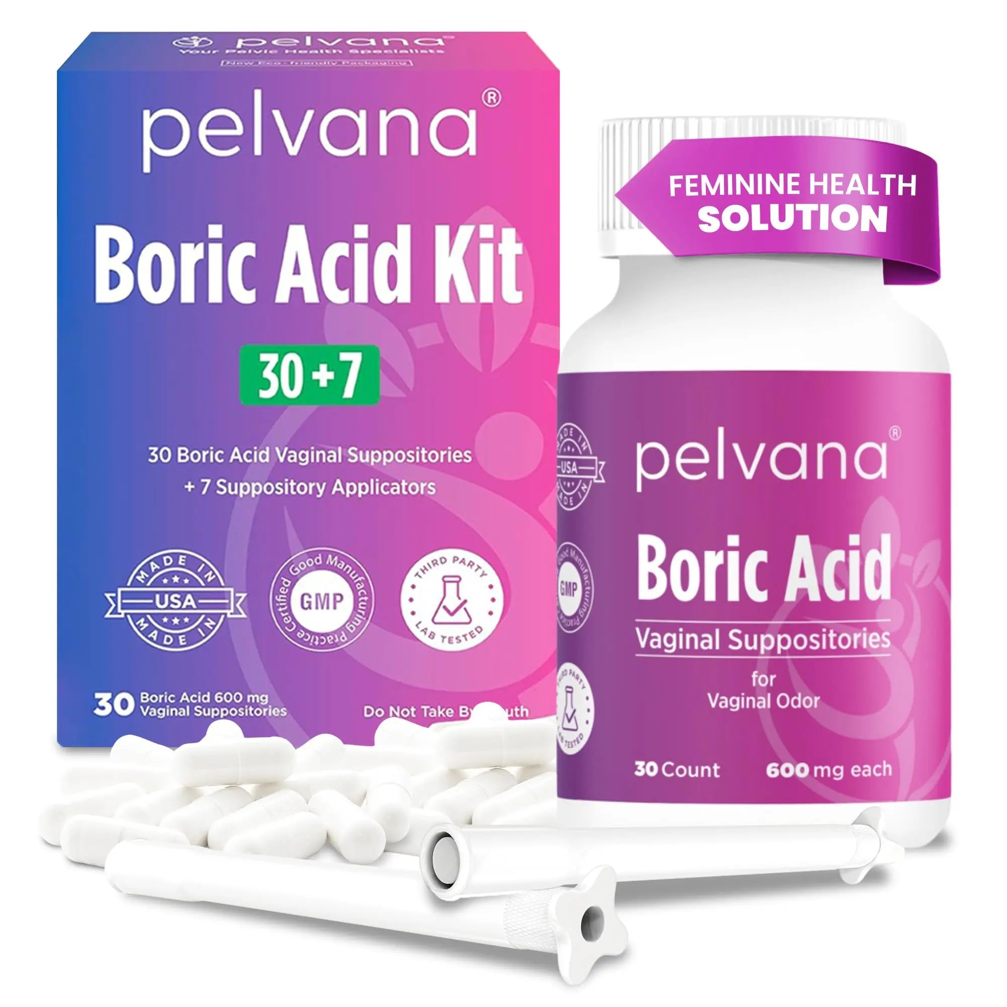 Pelvana Boric Acid Suppositories for Women - 30 Count + 7 Applicators - 600mg Boric Acid Capsules for Vaginal Odor Use - TrustMedUSA