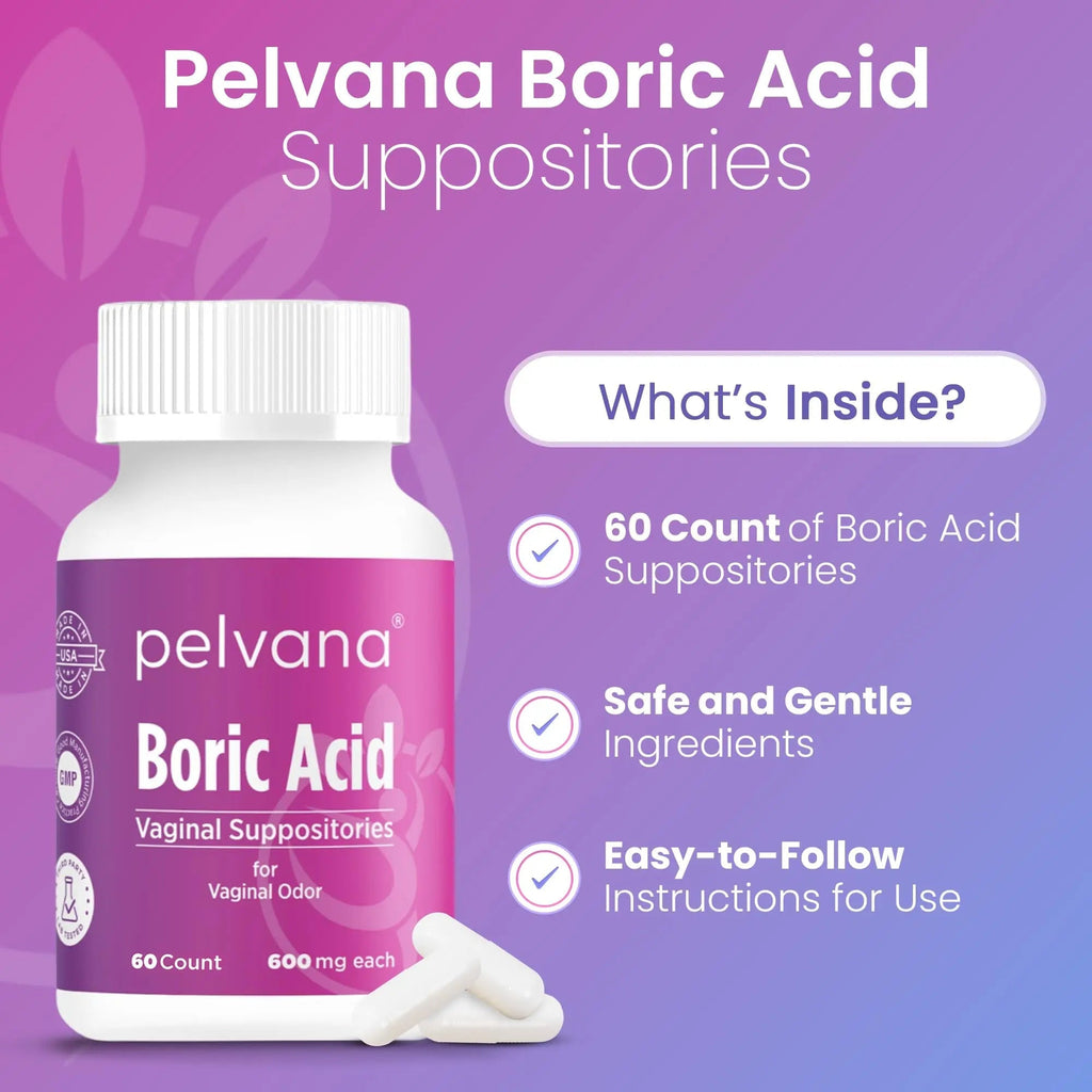 Pelvana Boric Acid Suppositories for Women - 60 Count - 600mg Boric Acid Capsules for Vaginal Odor Use - TrustMedUSA