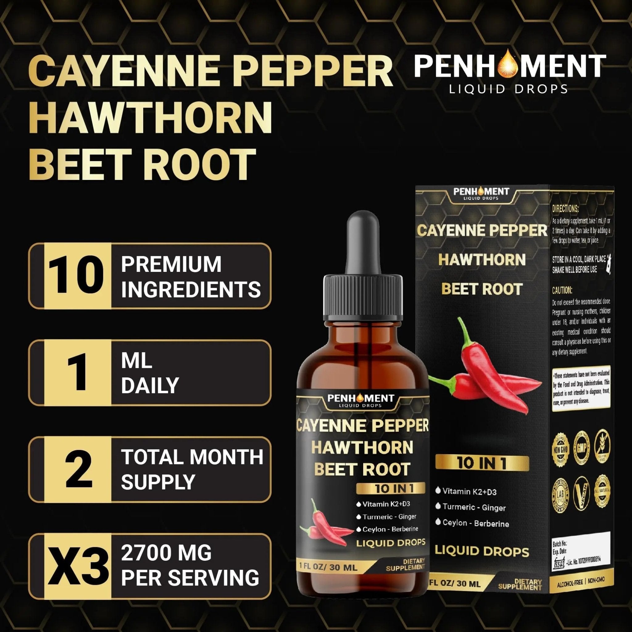 Penhoment 2 Packs - 2700 mg 10in1 Cayenne Pepper Liquid Drops with Hawthorn Berry, Vitamin D3 K2, Beet Root, Ginger Turmeric, Ginger, Ceylon Cinnamon, Berberine, and Ginseng - 2 Months - TrustMedUSA