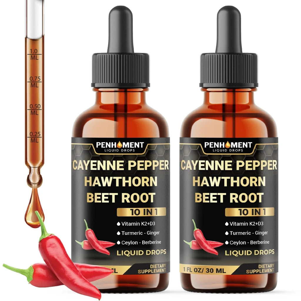 Penhoment 2 Packs - 2700 mg 10in1 Cayenne Pepper Liquid Drops with Hawthorn Berry, Vitamin D3 K2, Beet Root, Ginger Turmeric, Ginger, Ceylon Cinnamon, Berberine, and Ginseng - 2 Months - TrustMedUSA
