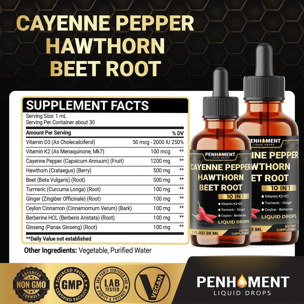 Penhoment 2 Packs - 2700 mg 10in1 Cayenne Pepper Liquid Drops with Hawthorn Berry, Vitamin D3 K2, Beet Root, Ginger Turmeric, Ginger, Ceylon Cinnamon, Berberine, and Ginseng - 2 Months - TrustMedUSA