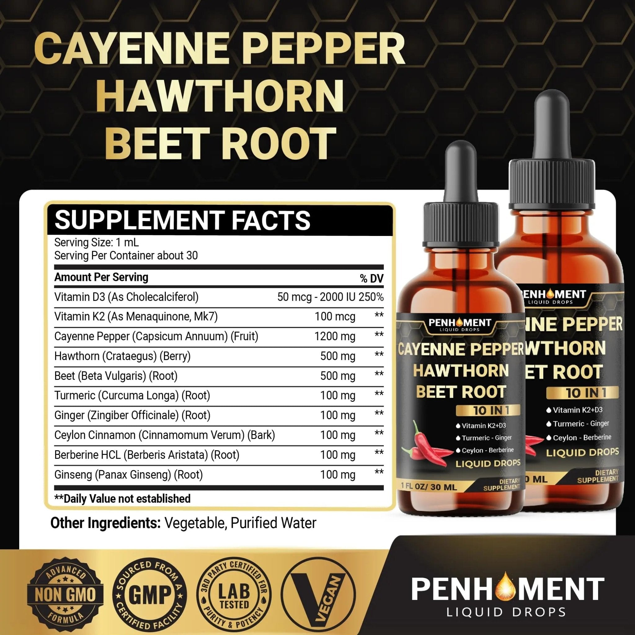 Penhoment 2 Packs - 2700 mg 10in1 Cayenne Pepper Liquid Drops with Hawthorn Berry, Vitamin D3 K2, Beet Root, Ginger Turmeric, Ginger, Ceylon Cinnamon, Berberine, and Ginseng - 2 Months - TrustMedUSA