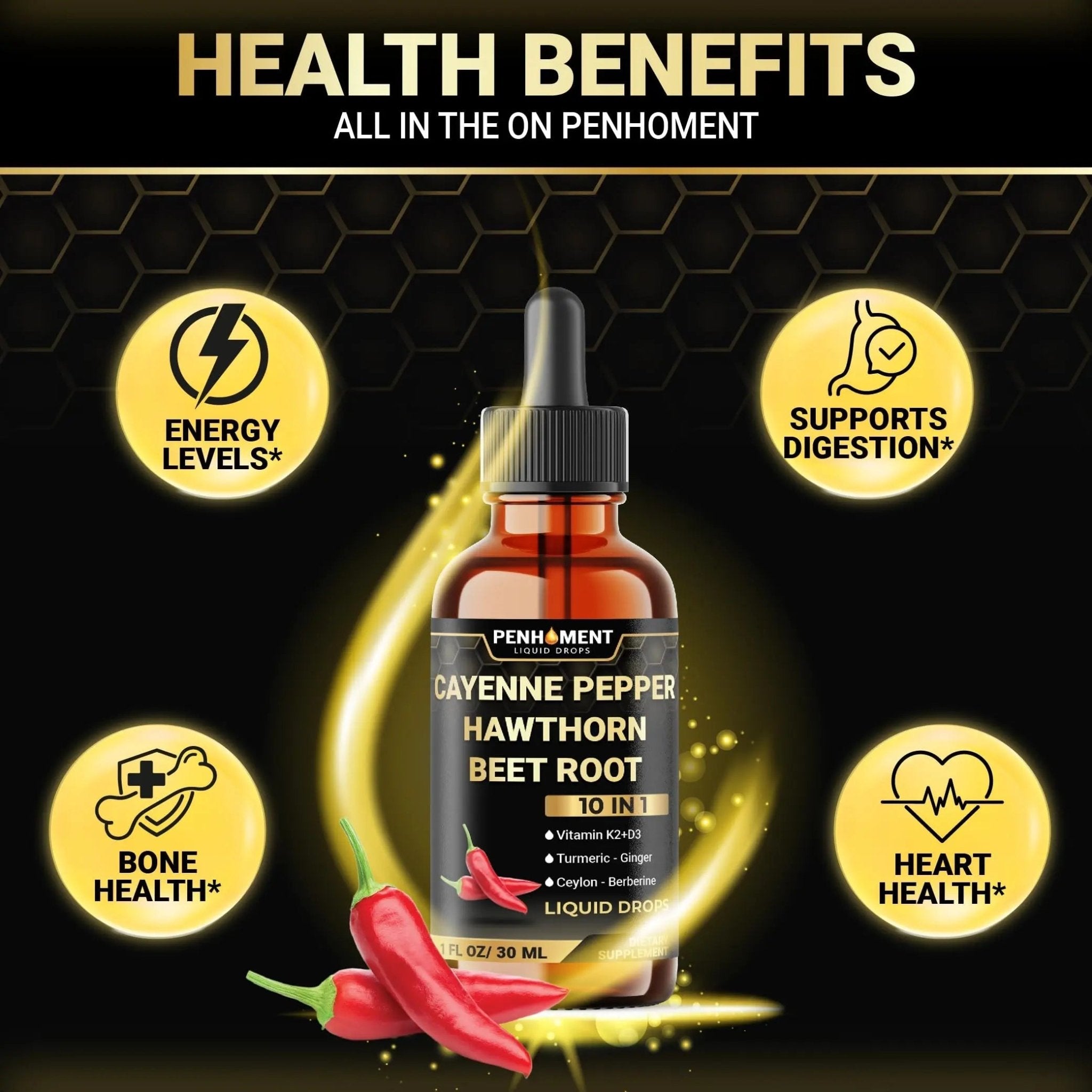 Penhoment 2 Packs - 2700 mg 10in1 Cayenne Pepper Liquid Drops with Hawthorn Berry, Vitamin D3 K2, Beet Root, Ginger Turmeric, Ginger, Ceylon Cinnamon, Berberine, and Ginseng - 2 Months - TrustMedUSA