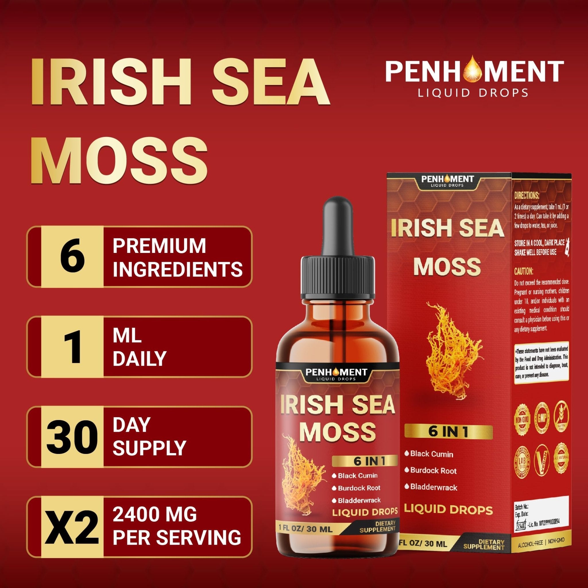 Penhoment 6in1 Sea Moss Drops with Black Seed Oil Irish Seamoss, Ashwagandha, Burdock Root & Bladderwrack - 1FL Oz - 30 Day Supply - TrustMedUSA