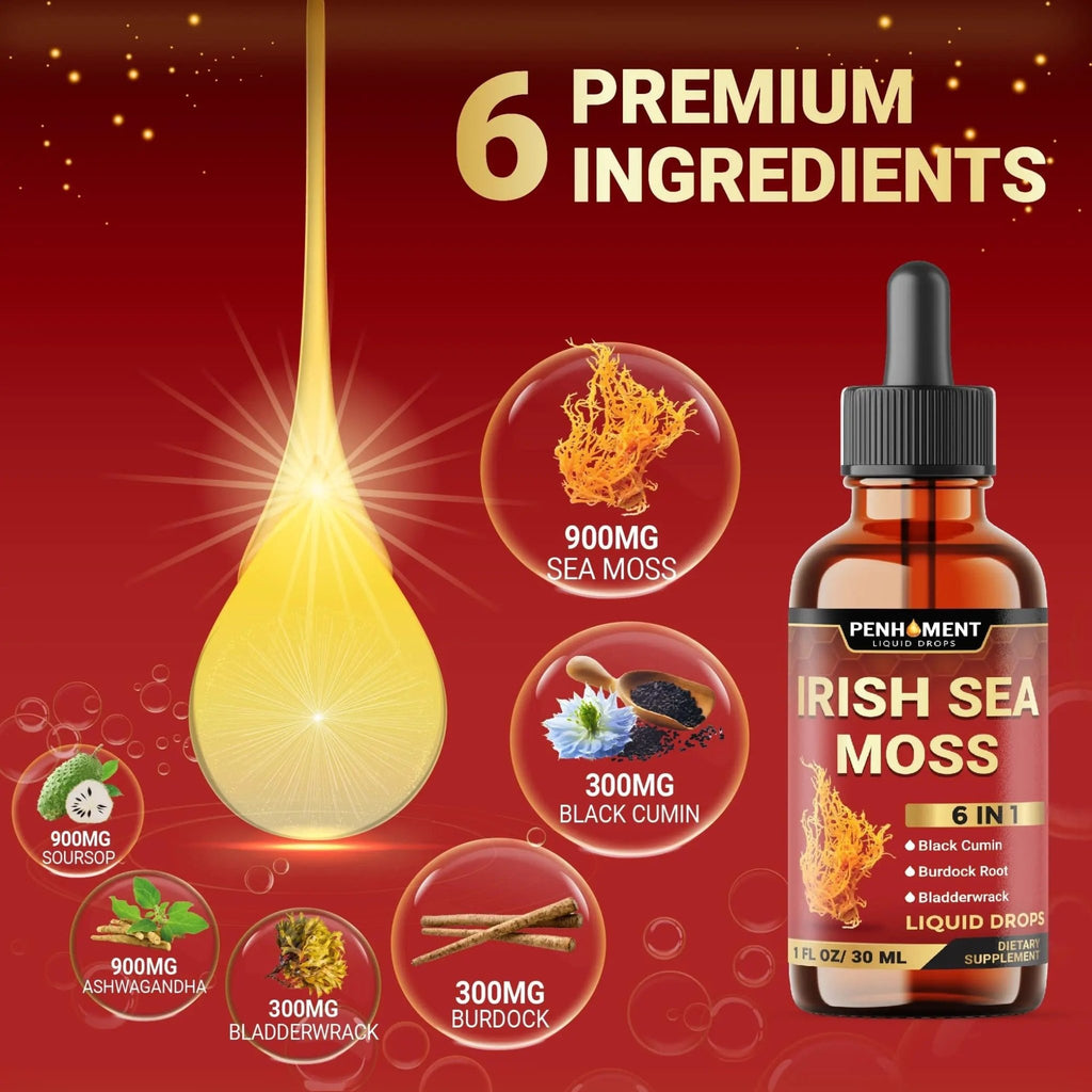 Penhoment 6in1 Sea Moss Drops with Black Seed Oil Irish Seamoss, Ashwagandha, Burdock Root & Bladderwrack - 1FL Oz - 30 Day Supply - TrustMedUSA