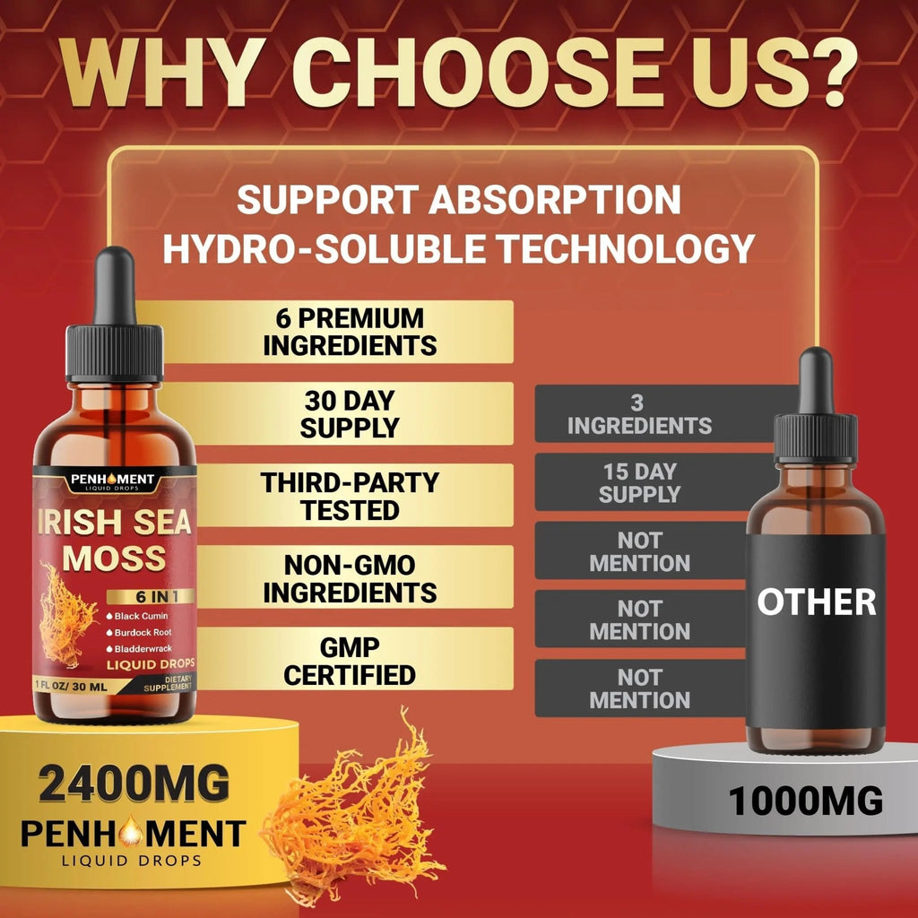 Penhoment 6in1 Sea Moss Drops with Black Seed Oil Irish Seamoss, Ashwagandha, Burdock Root & Bladderwrack - 1FL Oz - 30 Day Supply - TrustMedUSA