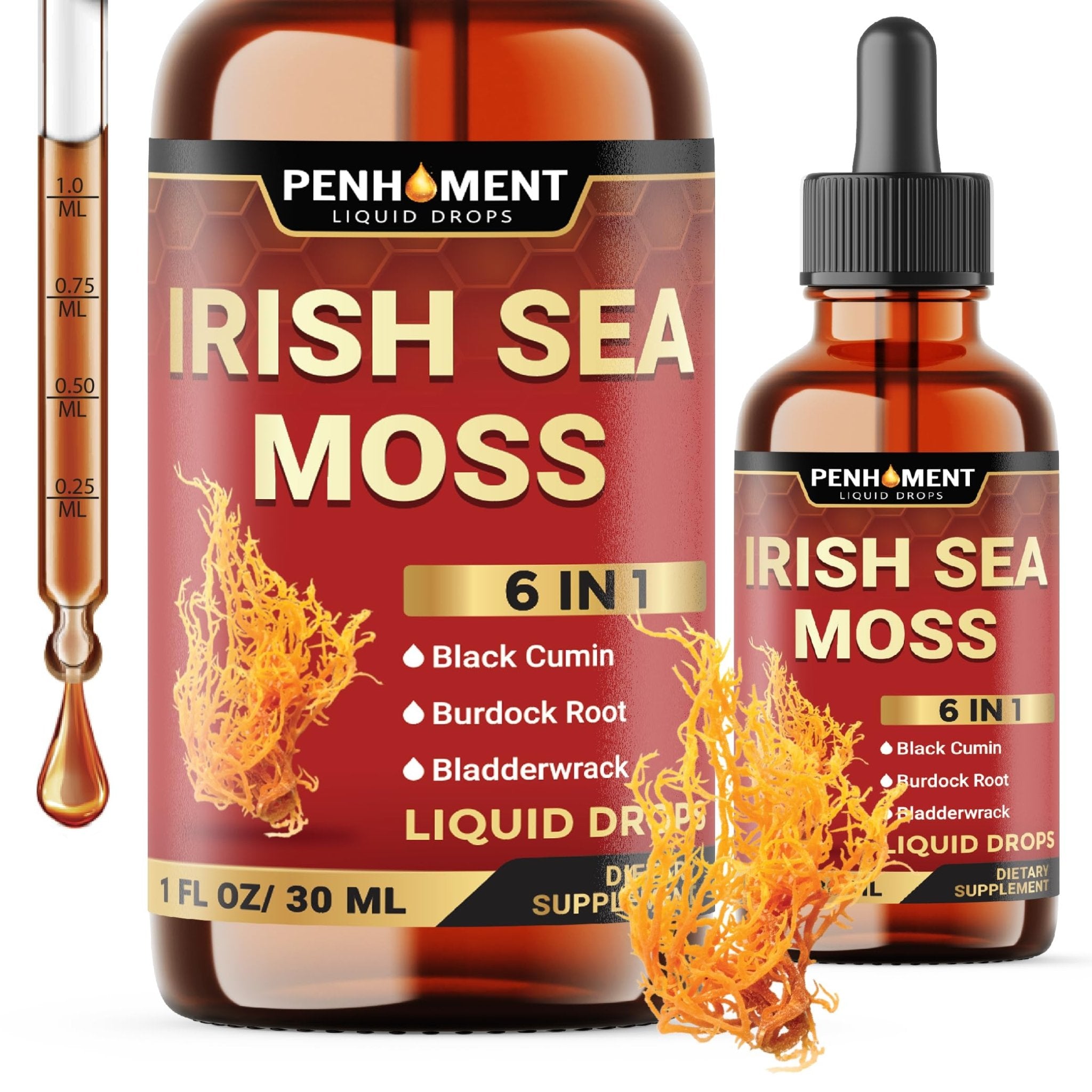 Penhoment 6in1 Sea Moss Drops with Black Seed Oil Irish Seamoss, Ashwagandha, Burdock Root & Bladderwrack - 1FL Oz - 30 Day Supply - TrustMedUSA