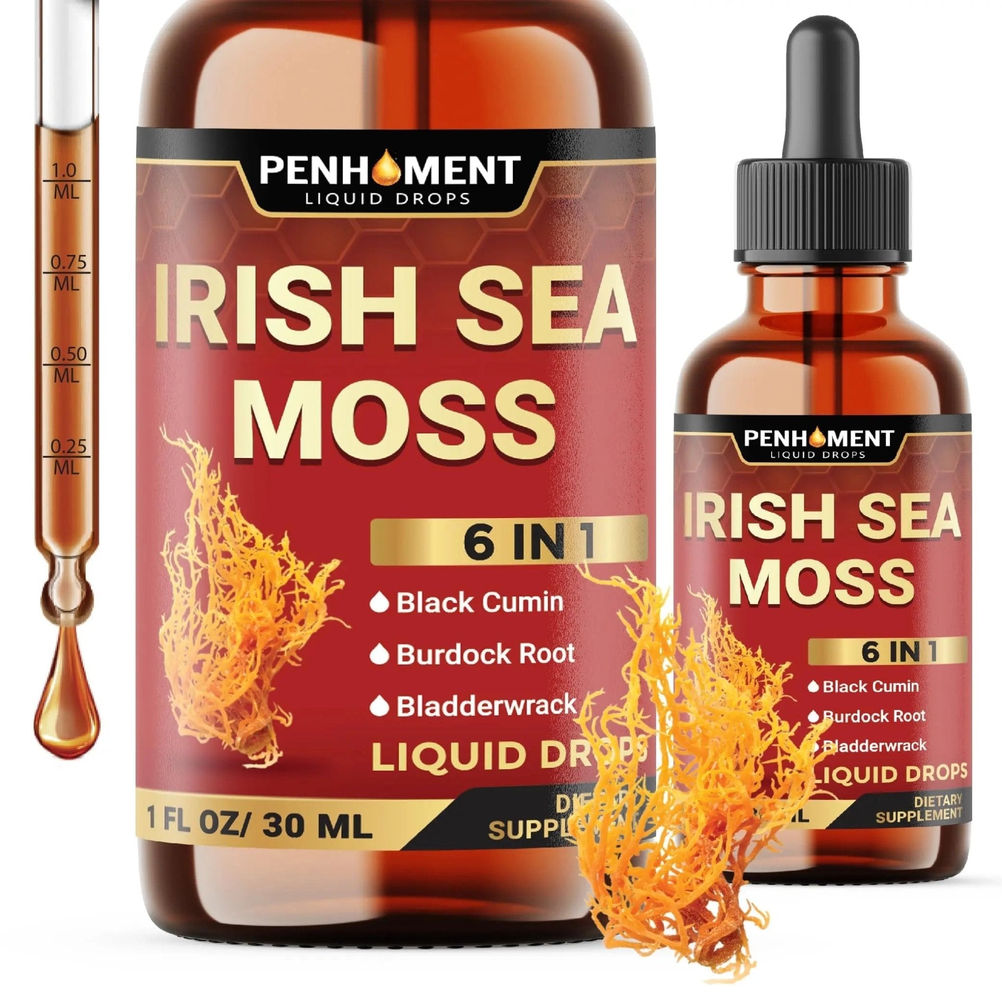 Penhoment 6in1 Sea Moss Drops with Black Seed Oil Irish Seamoss, Ashwagandha, Burdock Root & Bladderwrack - 1FL Oz - 30 Day Supply - TrustMedUSA