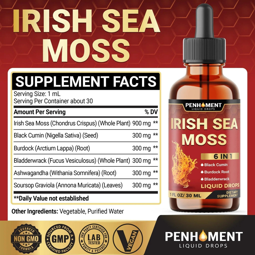 Penhoment 6in1 Sea Moss Drops with Black Seed Oil Irish Seamoss, Ashwagandha, Burdock Root & Bladderwrack - 1FL Oz - 30 Day Supply - TrustMedUSA