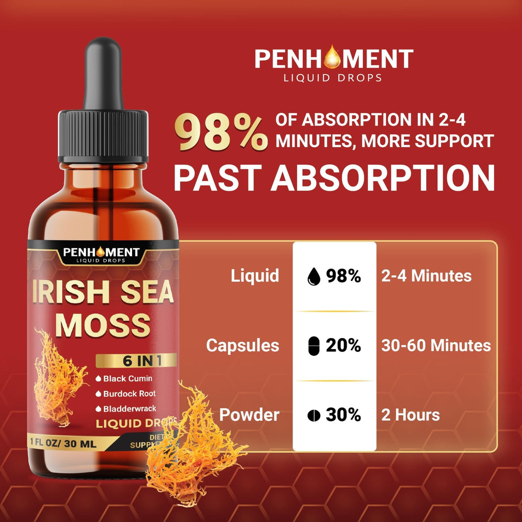 Penhoment 6in1 Sea Moss Drops with Black Seed Oil Irish Seamoss, Ashwagandha, Burdock Root & Bladderwrack - 1FL Oz - 30 Day Supply - TrustMedUSA
