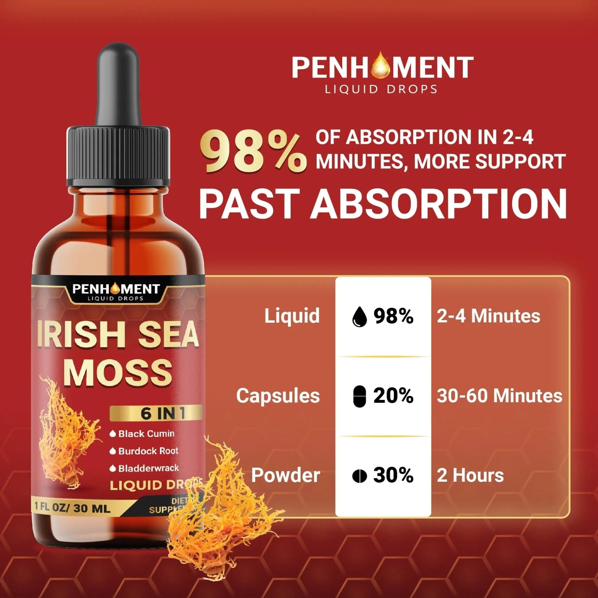Penhoment 6in1 Sea Moss Drops with Black Seed Oil Irish Seamoss, Ashwagandha, Burdock Root & Bladderwrack - 1FL Oz - 30 Day Supply - TrustMedUSA