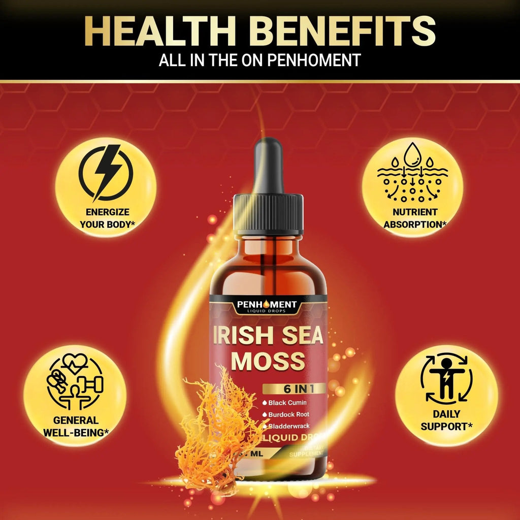 Penhoment 6in1 Sea Moss Drops with Black Seed Oil Irish Seamoss, Ashwagandha, Burdock Root & Bladderwrack - 1FL Oz - 30 Day Supply - TrustMedUSA