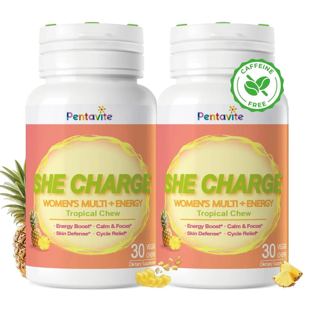 Pentavite She Charge Multivitamin for Women, Pineapple Tropical Chew, Daily Vitamin Supplements with Folate, Support Energy, Calm & Focus, Skin Defense and Cycle - TrustMedUSA