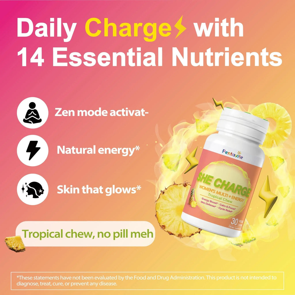 Pentavite She Charge Multivitamin for Women, Pineapple Tropical Chew, Daily Vitamin Supplements with Folate, Support Energy, Calm & Focus, Skin Defense and Cycle - TrustMedUSA