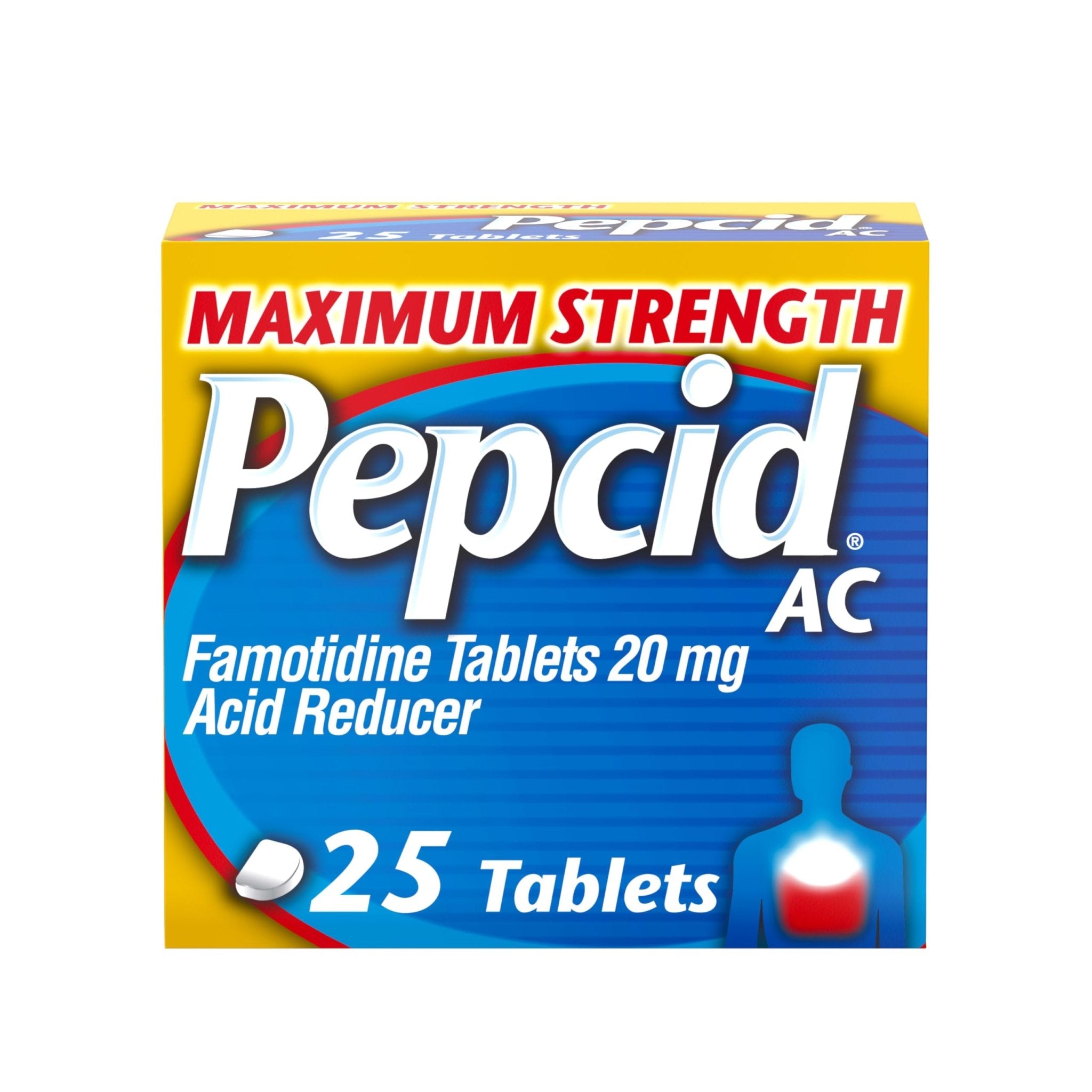 Pepcid AC Maximum Strength Heartburn Relief Tablets, OTC Medicine Prevents & Relieves Heartburn & Acid Reflux Due to Acid Indigestion, 20mg Famotidine Acid Reducer, Fast-Acting, 25 ct - Maple Wellness Supplements
