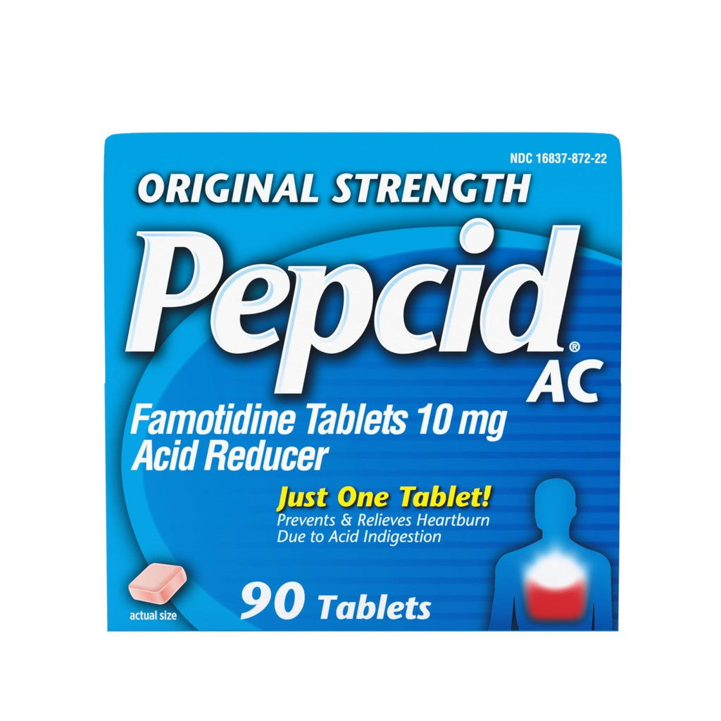 Pepcid AC Original Strength Heartburn Relief Tablets, OTC Medicine Prevents & Relieves Heartburn & Acid Reflux Due to Acid Indigestion, 10mg Famotidine Acid Reducer, Fast-Acting, 90 ct - Maple Wellness Supplements