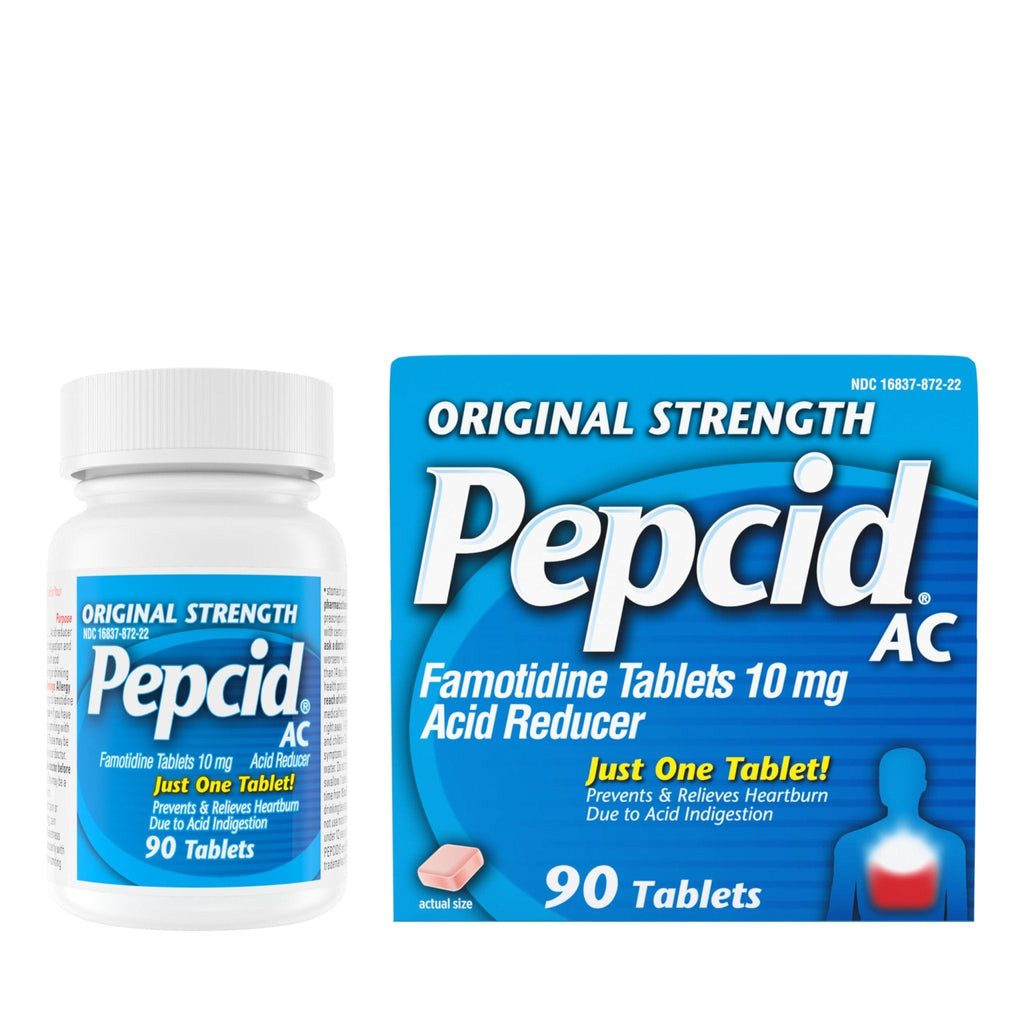 Pepcid AC Original Strength Heartburn Relief Tablets, OTC Medicine Prevents & Relieves Heartburn & Acid Reflux Due to Acid Indigestion, 10mg Famotidine Acid Reducer, Fast-Acting, 90 ct - Maple Wellness Supplements