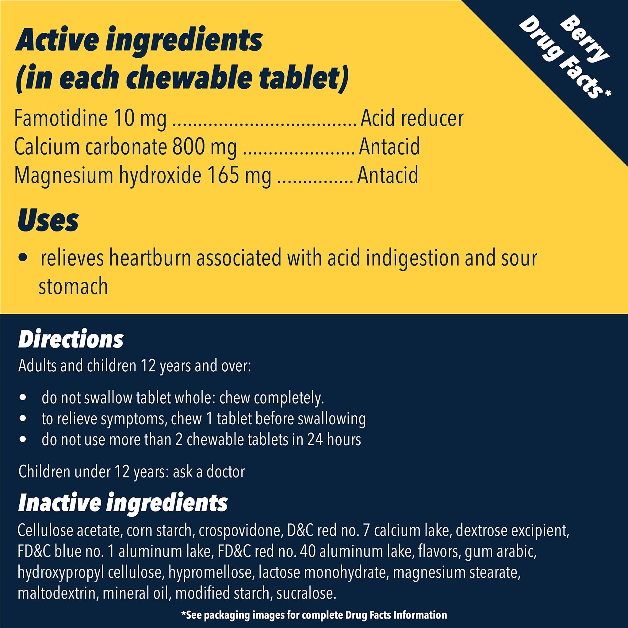 Pepcid Complete Acid Reducer + Antacid Chewable Tablets, 10mg Famotidine, 800mg Calcium Carbonate & 165mg Magnesium Hydroxide per Heartburn Medicine Tablet, Antacid Chews, Berry Flavored, 70 ct - Maple Wellness Supplements