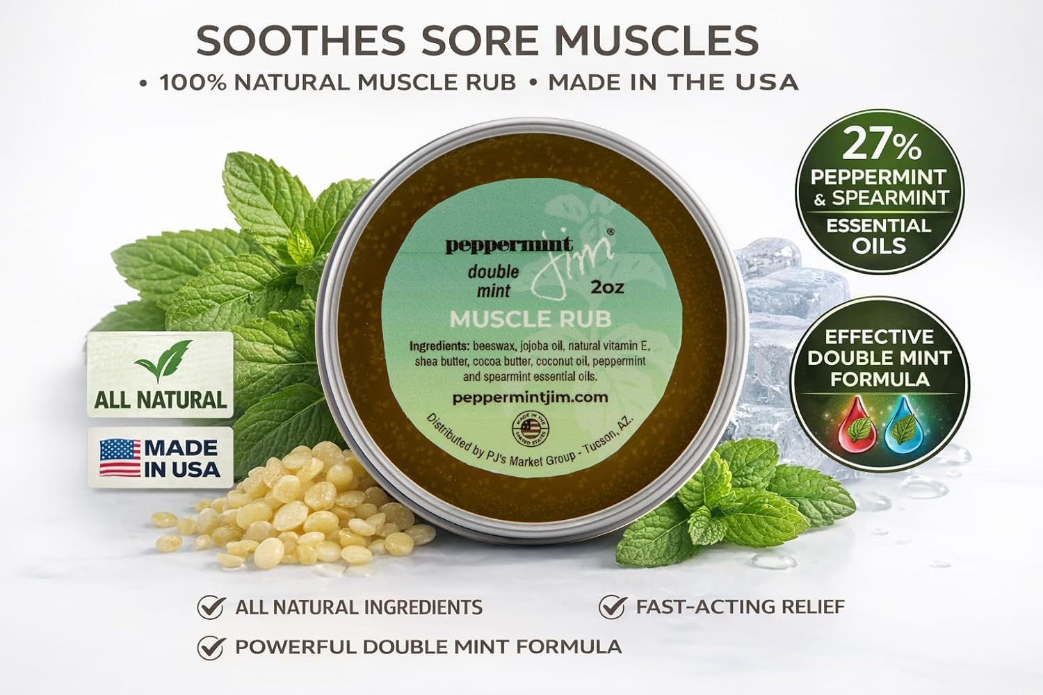 Peppermint Jim Double Mint Muscle Rub Balm 2oz, Fast Absorbing Cooling Relief Cream with Peppermint & Spearmint Oils, Non Greasy Soothing Balm for Sore Muscles, Back, Neck & Joints - Plant Based - TrustMedUSA