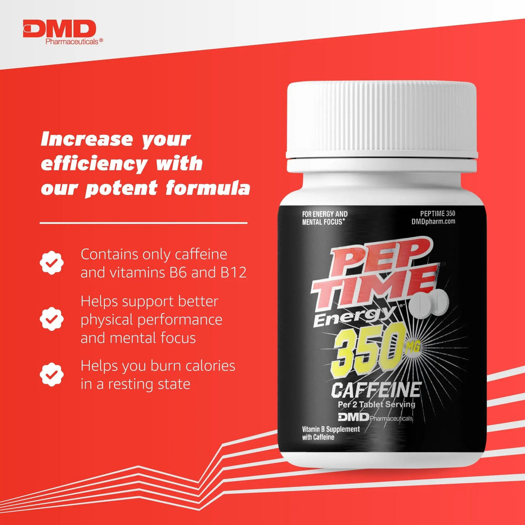 PEPTIME Energy Tablets, Vitamin B6 and B12 Caffeine Pills, 350 mg Caffein - TrustMedUSA