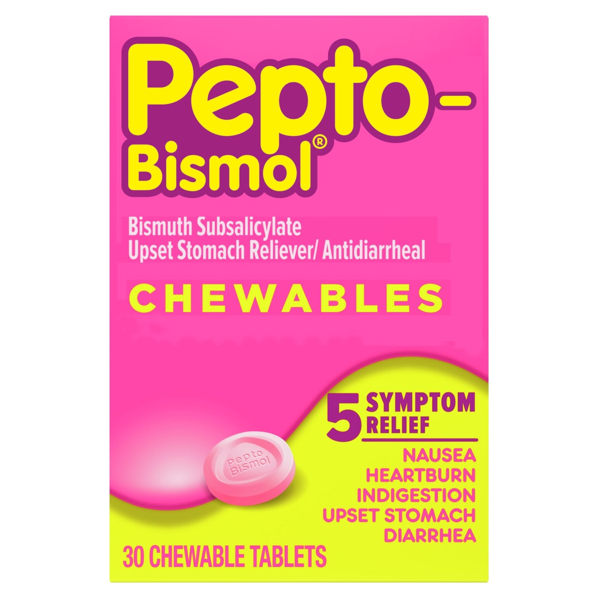 Pepto Bismol Chewable Tablets, Upset Stomach Relief, Nausea Relief, Heartburn Relief, Indigestion Relief, Anti Diarrhea Medication for Adults - 5 Symptom Relief, 30 ct - Maple Wellness Supplements
