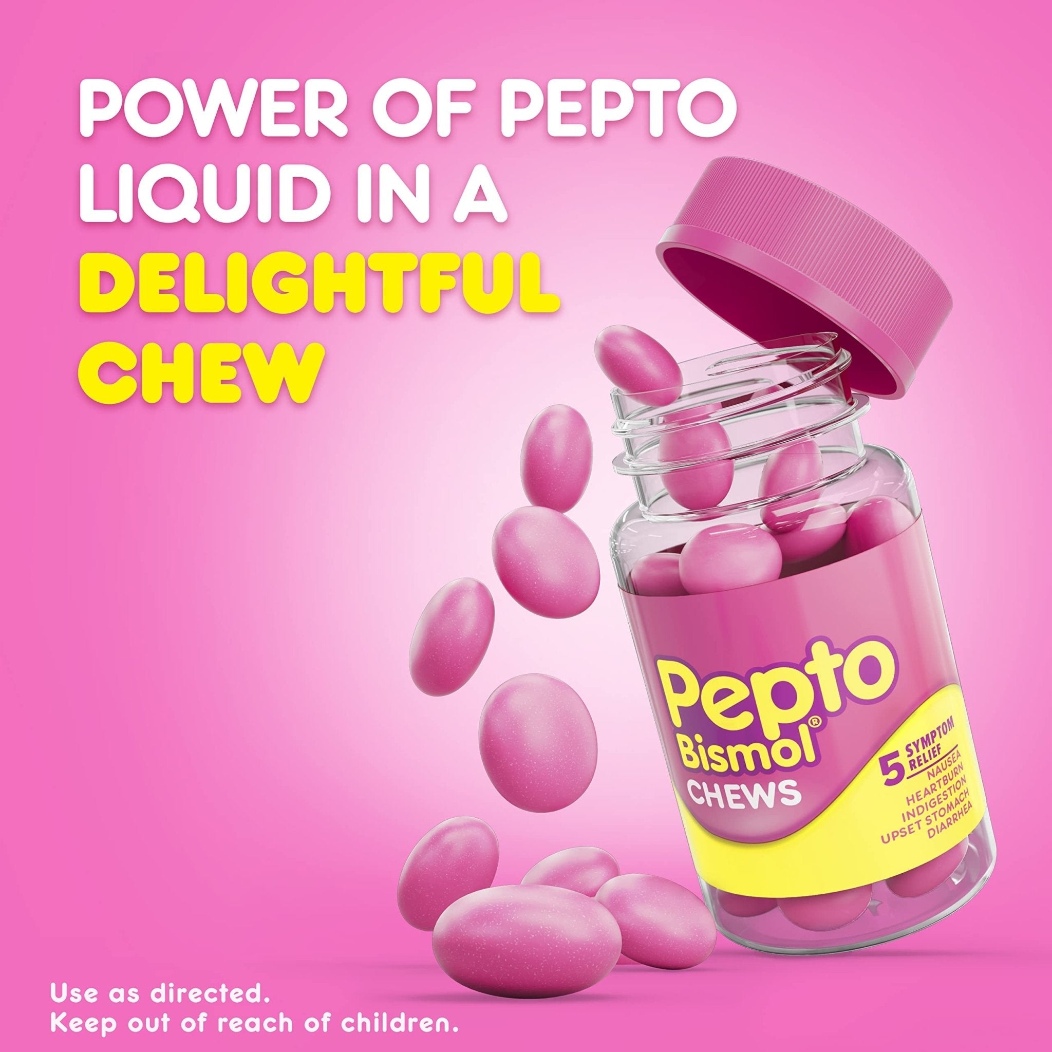 Pepto Bismol Chews, Upset Stomach Relief, Nausea Relief, Heartburn Relief, Indigestion Relief, Anti Diarrhea Medication for Adults - 5 Symptom Fast Relief, 72 Chewable Tablets (3x24 ct) - Maple Wellness Supplements