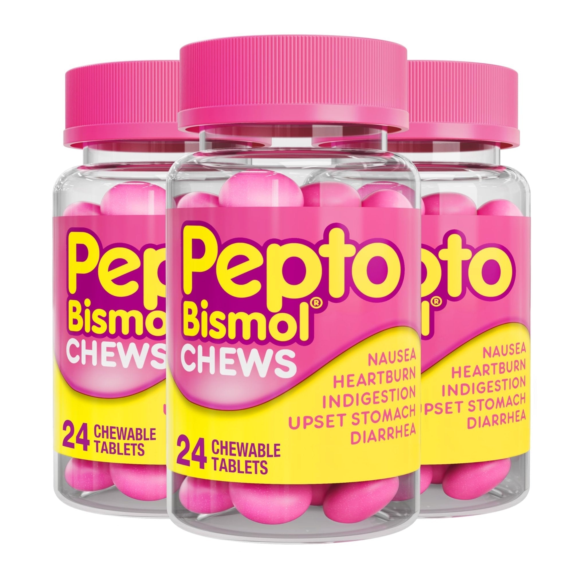 Pepto Bismol Chews, Upset Stomach Relief, Nausea Relief, Heartburn Relief, Indigestion Relief, Anti Diarrhea Medication for Adults - 5 Symptom Fast Relief, 72 Chewable Tablets (3x24 ct) - Maple Wellness Supplements