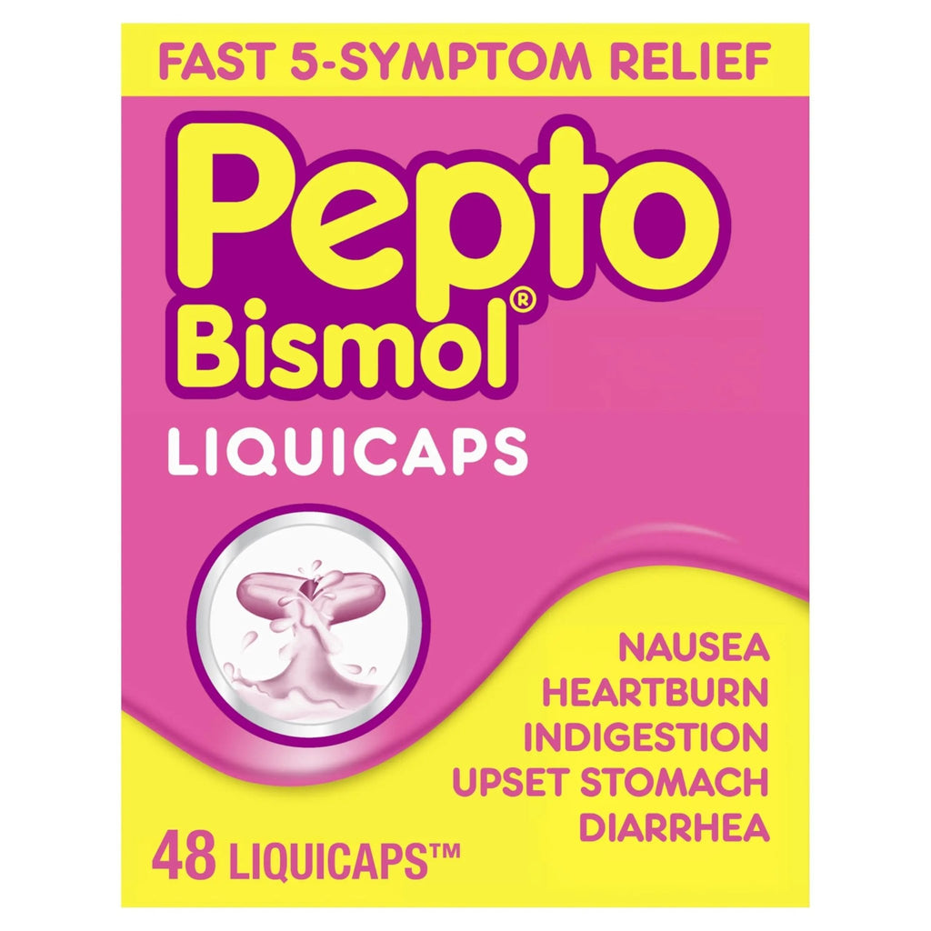 Pepto Bismol Liquicaps, Upset Stomach Relief, Nausea Relief, Heartburn Relief, Indigestion Relief, Anti Diarrhea Medication for Adults - 5 Symptom Fast Relief, No Flavor, 48 ct - TrustMedUSA