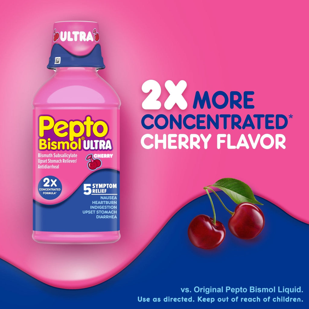Pepto Bismol ULTRA Liquid for Nausea, Heartburn, Indigestion, Upset Stomach, and Diarrhea - 5 Symptom Fast Relief Medication for Adults, Cherry Flavor, 2x16 oz - Maple Wellness Supplements