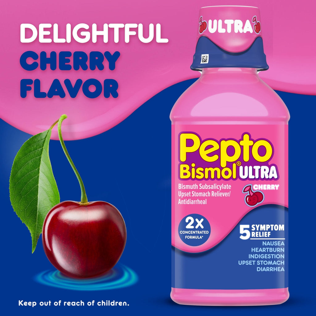 Pepto Bismol ULTRA Liquid for Nausea, Heartburn, Indigestion, Upset Stomach, and Diarrhea - 5 Symptom Fast Relief Medication for Adults, Cherry Flavor, 2x16 oz - Maple Wellness Supplements