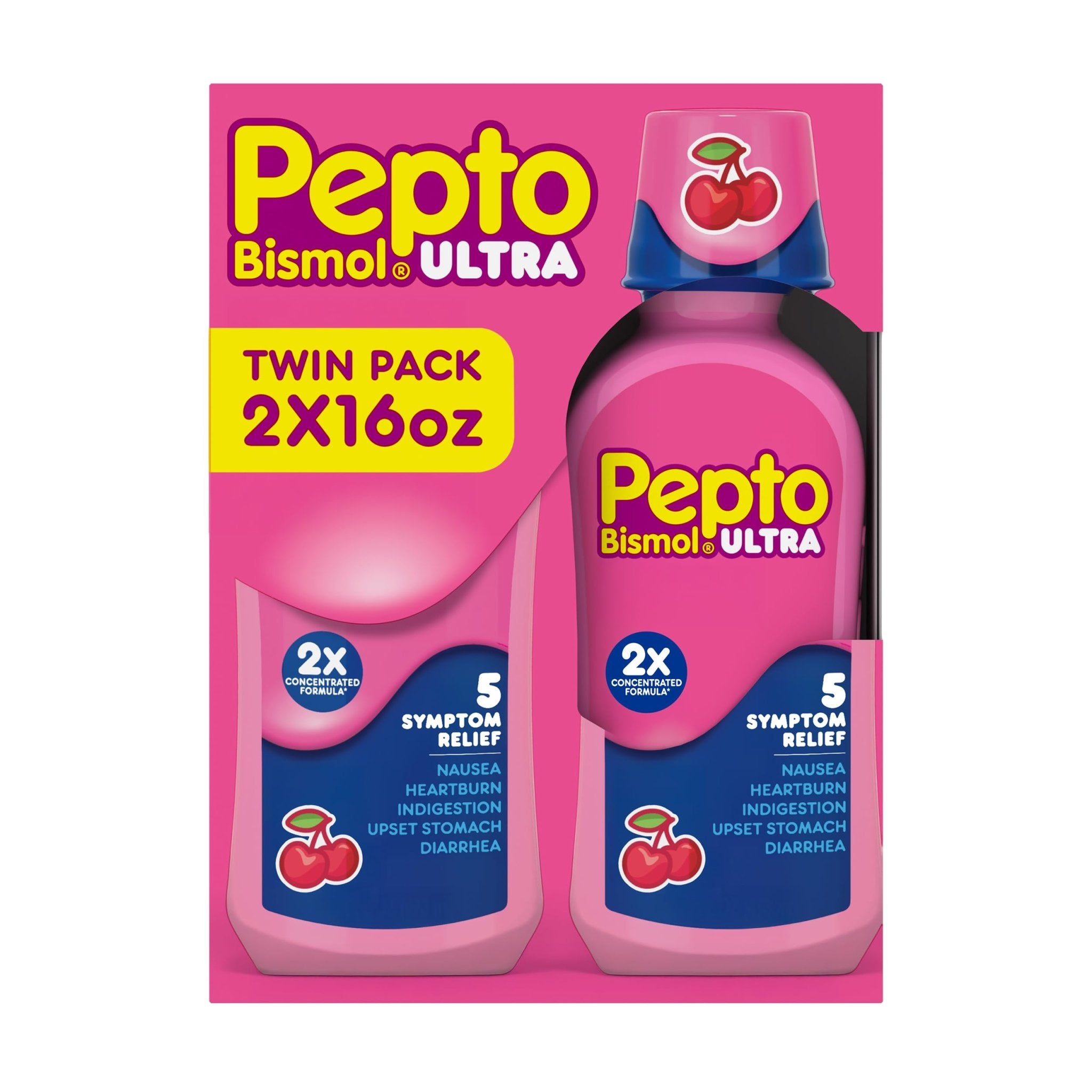 Pepto Bismol ULTRA Liquid for Nausea, Heartburn, Indigestion, Upset Stomach, and Diarrhea - 5 Symptom Fast Relief Medication for Adults, Cherry Flavor, 2x16 oz - Maple Wellness Supplements
