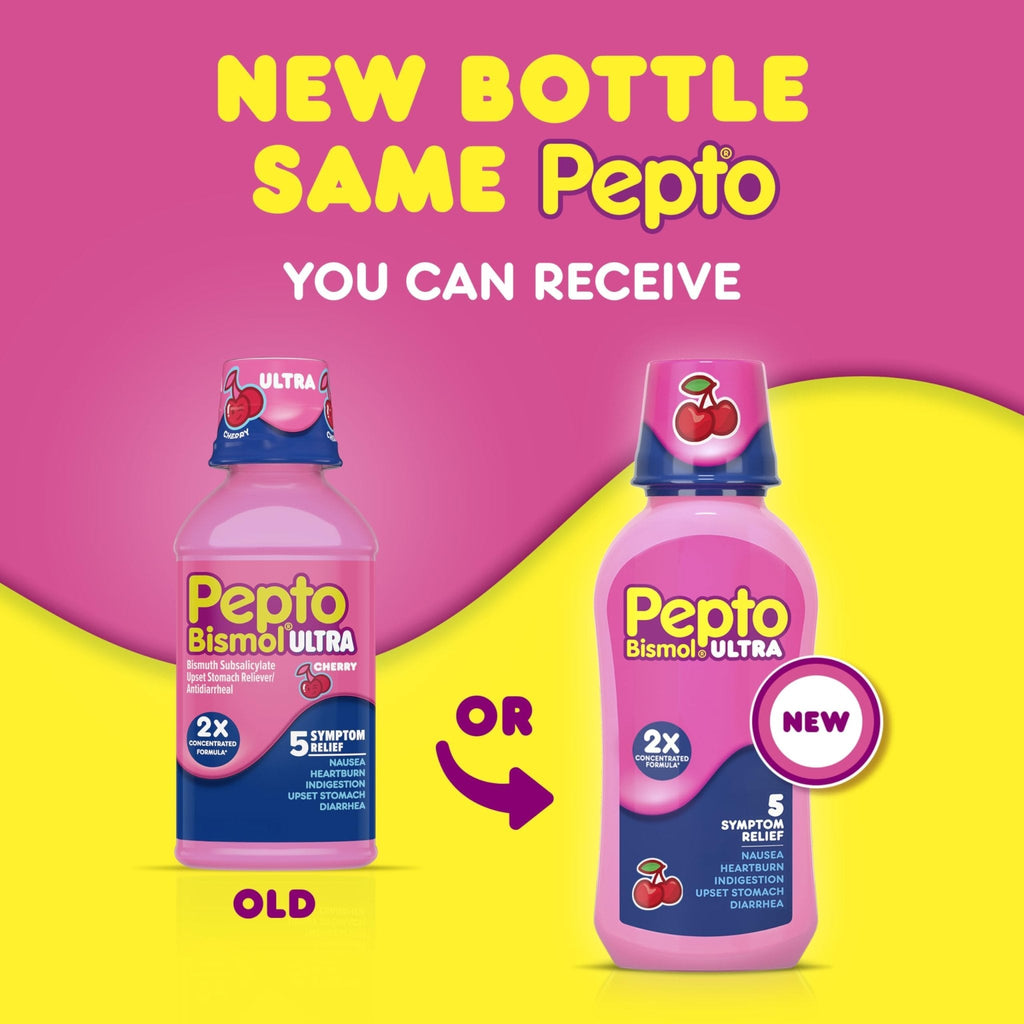 Pepto Bismol ULTRA Liquid for Nausea, Heartburn, Indigestion, Upset Stomach, and Diarrhea - 5 Symptom Fast Relief Medication for Adults, Cherry Flavor, 2x16 oz - Maple Wellness Supplements