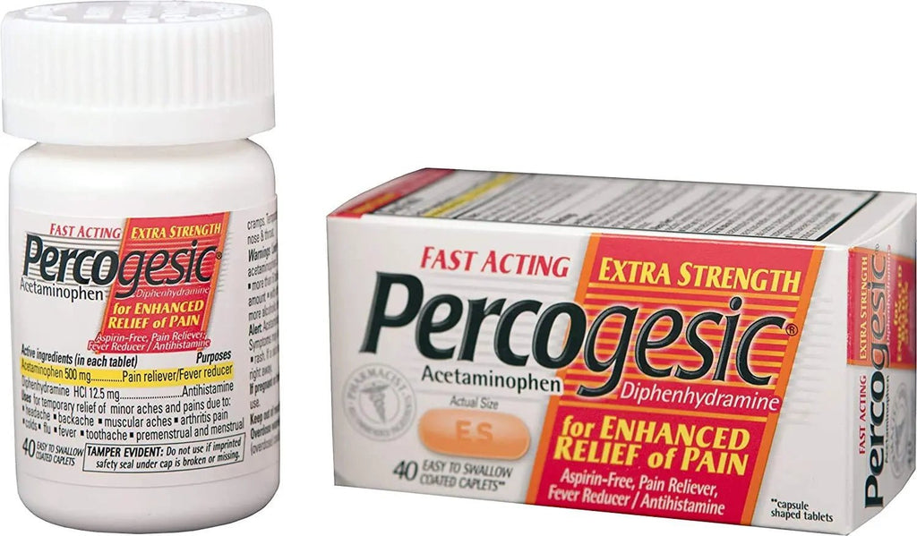Percogesic Aspirin Free Pain Relief Tablets, Extra Strength, Acetaminophen and Diphenhydramine, 40 ct (Pack of 1) - TrustMedUSA