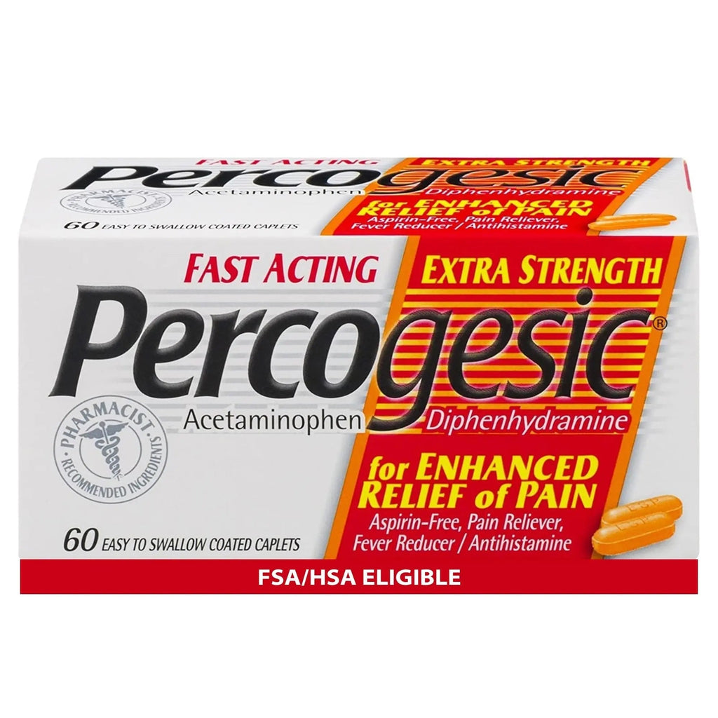 Percogesic Extra Strength Acetaminophen & Diphenhydramine Pain Relief, Fast-Acting Aspirin-Free Fever Reducer & Antihistamine, 60 Count - TrustMedUSA