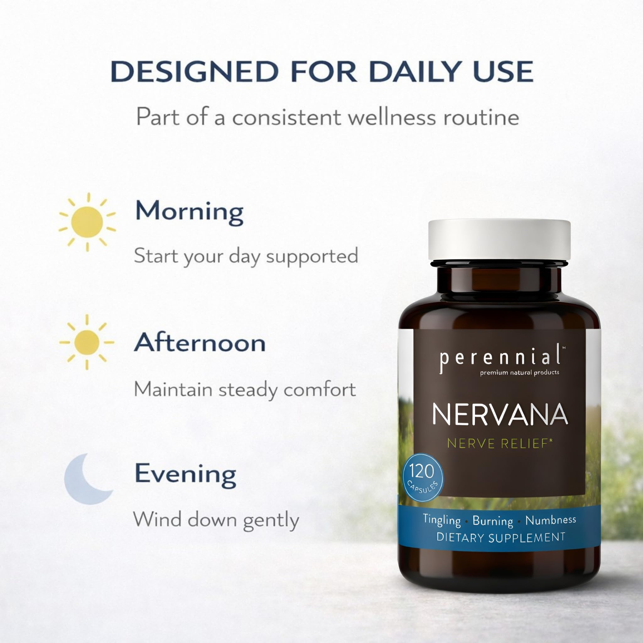 Perennial Nervana – Herbal Nerve Support for Tingling, Burning & Numbness Relief – Promotes Calm Focus & Stress Resilience – Non-Drowsy Mood Balance – 120ct* - TrustMedUSA