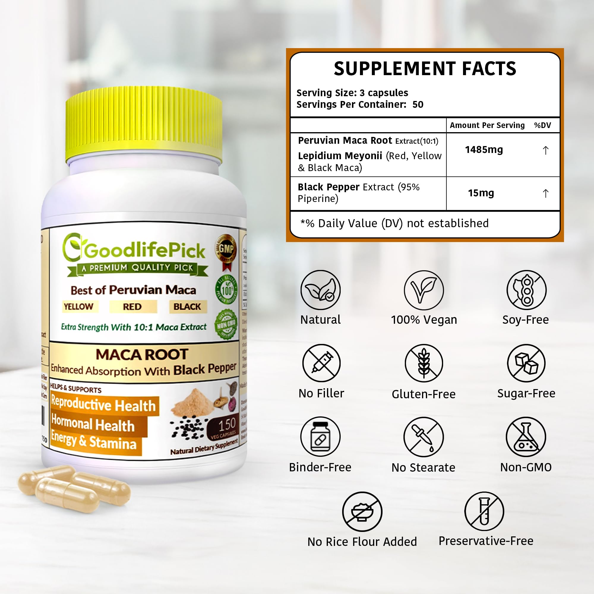 Peruvian Maca Root Capsules 150 ct. Powerful Maca Blend of Yellow Red & Black Maca Root with Black Pepper. All Natural NonGMO Vegan No Stearate No Rice Powder No Silica No Filler - TrustMedUSA