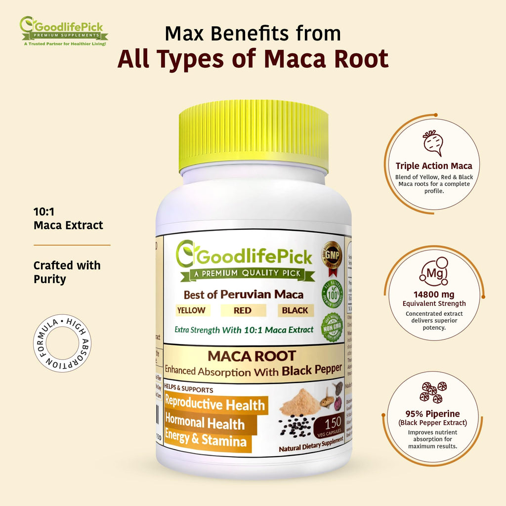 Peruvian Maca Root Capsules 150 ct. Powerful Maca Blend of Yellow Red & Black Maca Root with Black Pepper. All Natural NonGMO Vegan No Stearate No Rice Powder No Silica No Filler - TrustMedUSA
