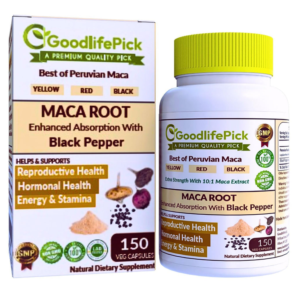 Peruvian Maca Root Capsules 150 ct. Powerful Maca Blend of Yellow Red & Black Maca Root with Black Pepper. All Natural NonGMO Vegan No Stearate No Rice Powder No Silica No Filler - TrustMedUSA