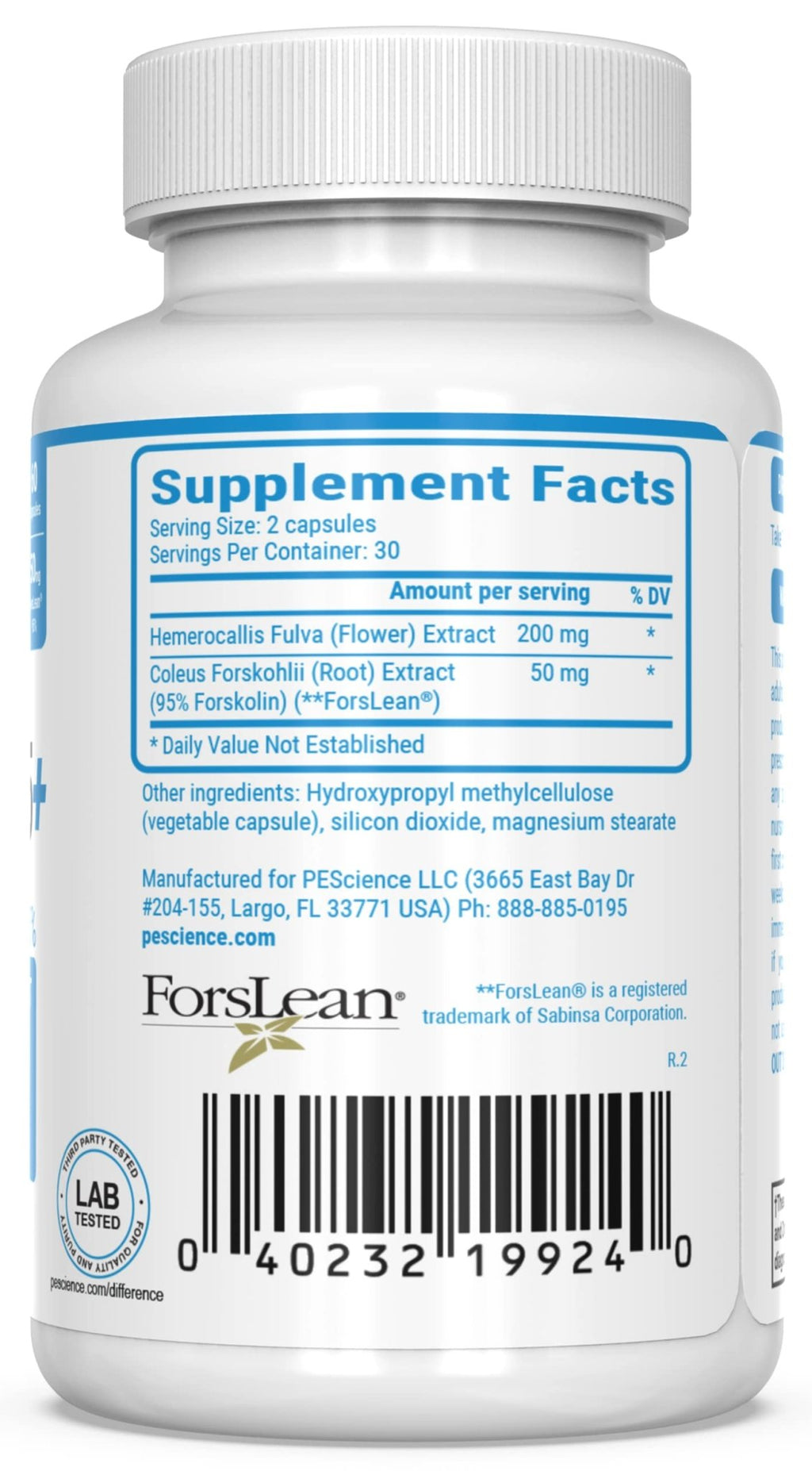 PEScience Forskolin-95+ Capsules, 95% Pure Forskolin from Coleus Forskohlii Extract with Hemerocallis Fulva Extract, Patented ForsLean, 50mg, 60 Count - TrustMedUSA