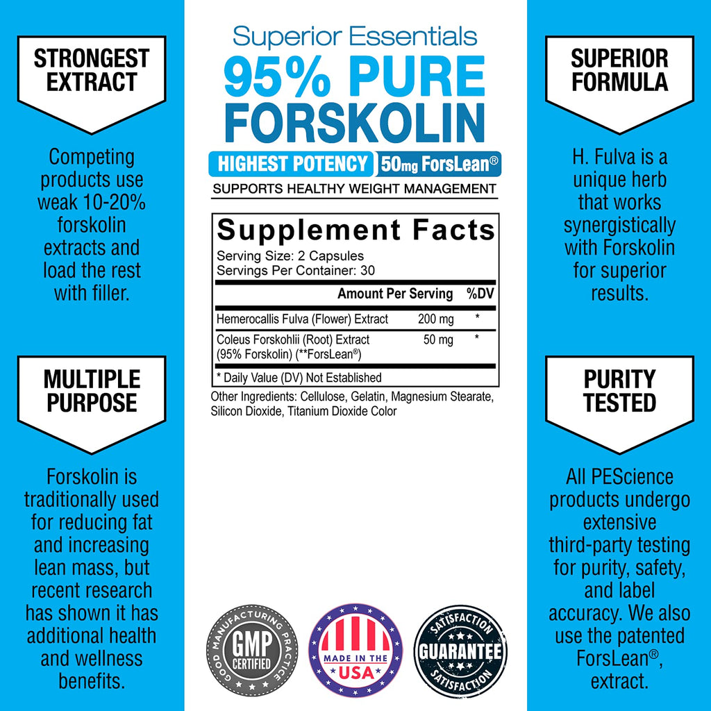 PEScience Forskolin-95+ Capsules, 95% Pure Forskolin from Coleus Forskohlii Extract with Hemerocallis Fulva Extract, Patented ForsLean, 50mg, 60 Count - TrustMedUSA