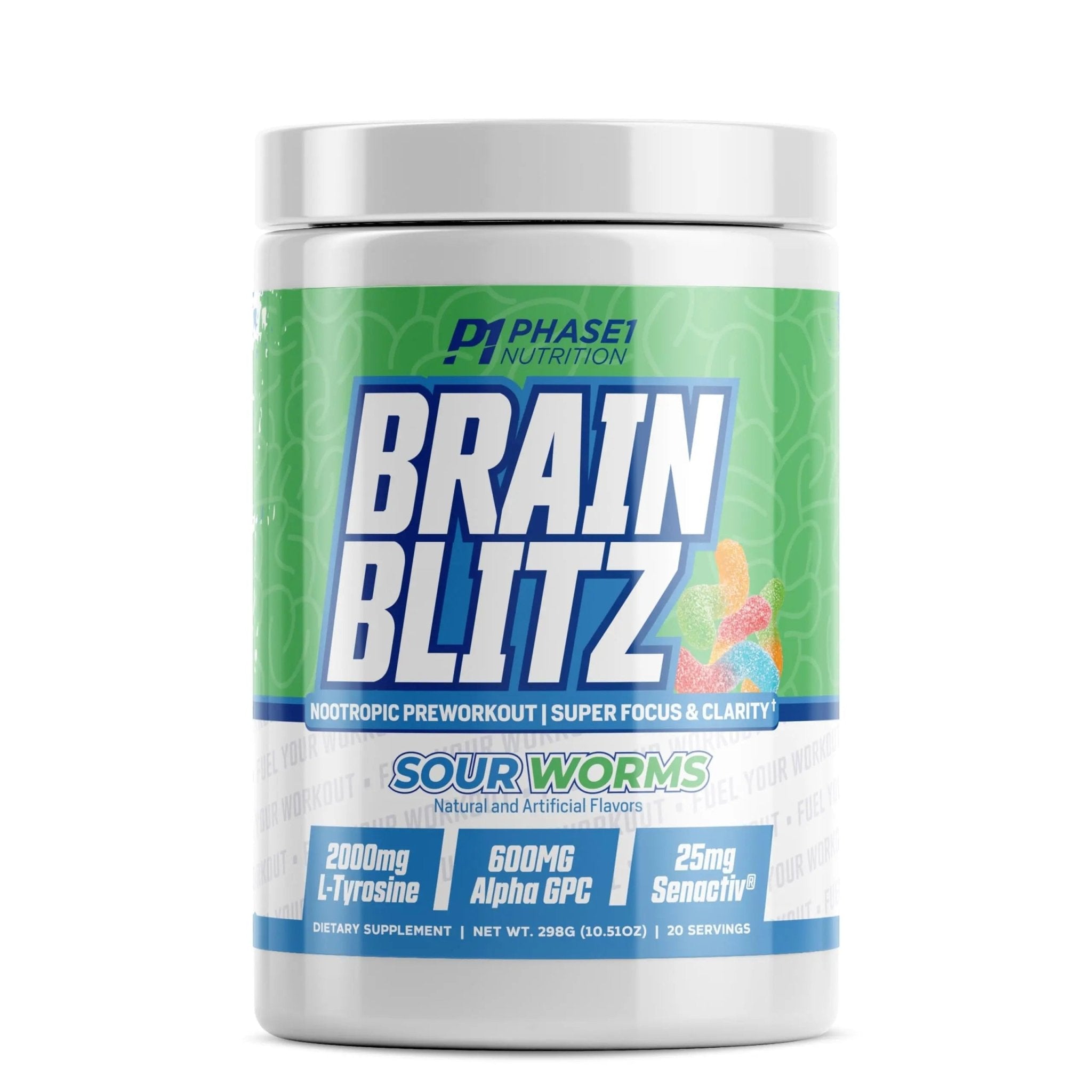 Phase 1 Nutrition Brain Blitz, Sour Worms - Nootropic Preworkout with Beta Alanine - TrustMedUSA